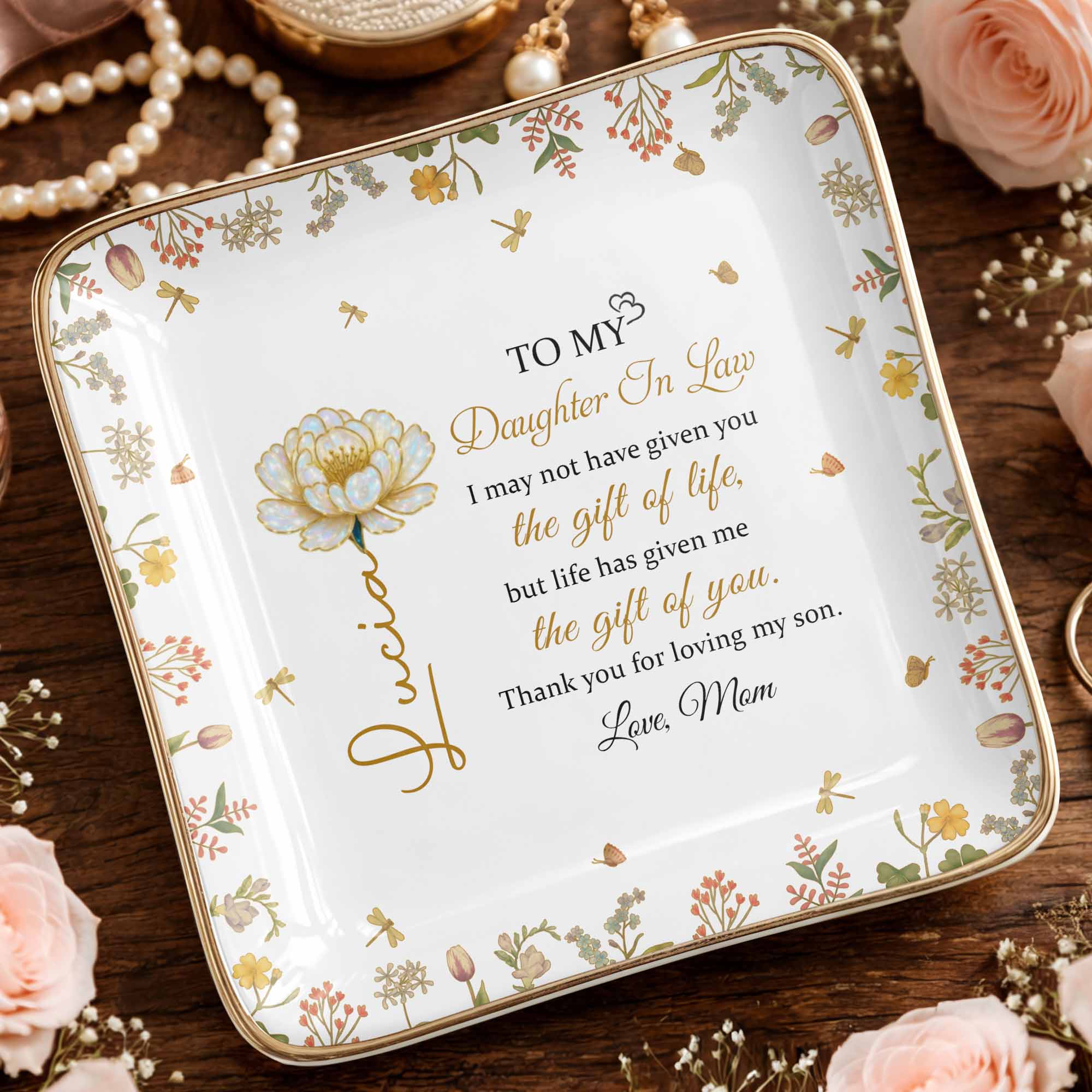 To My Daughter In Law, Flowers and Love - Personalized Custom Jewelry Dish, Ceramic Dish, Square Shape - DILA079_SCRF