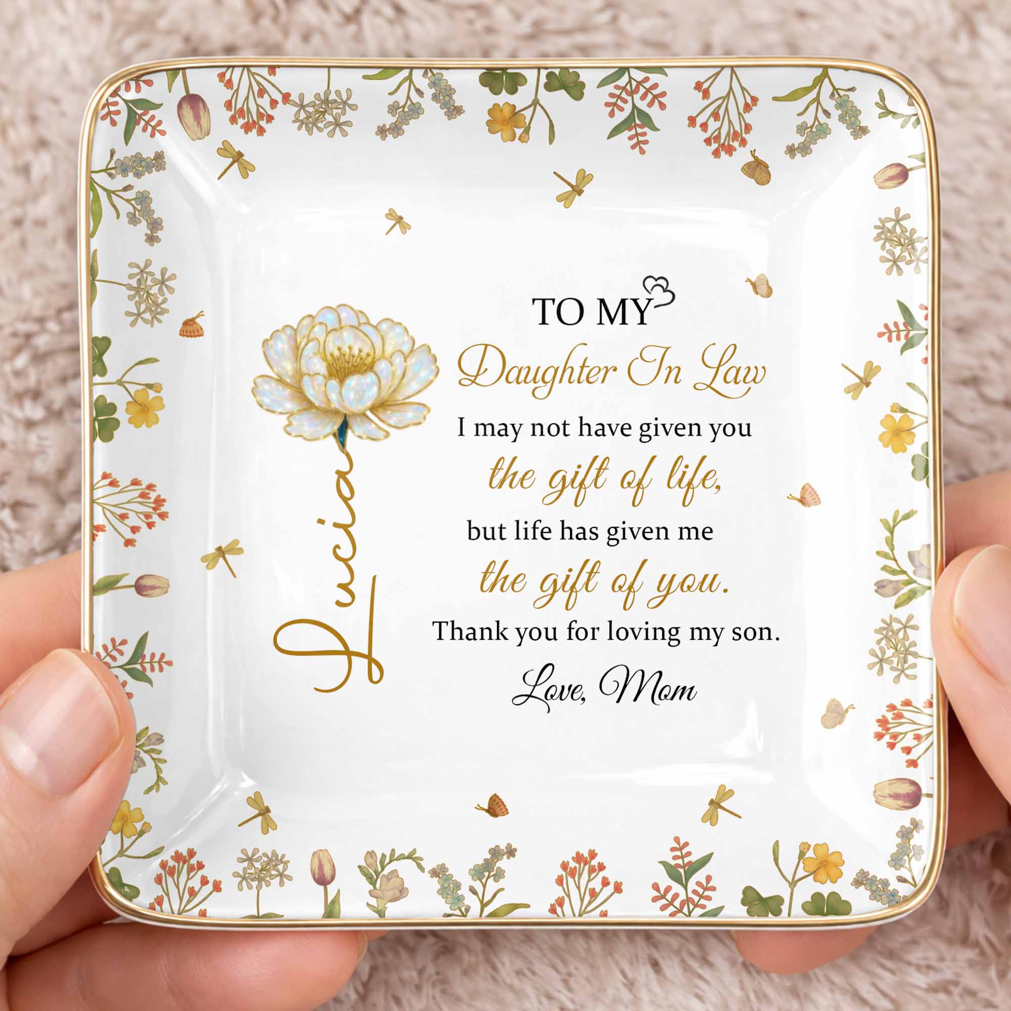 To My Daughter In Law, Flowers and Love - Personalized Custom Jewelry Dish, Ceramic Dish, Square Shape - DILA079_SCRF