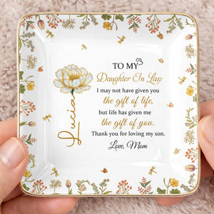 To My Daughter In Law, Flowers and Love - Personalized Custom Jewelry Dish, Ceramic Dish, Square Shape - DILA079_SCRF
