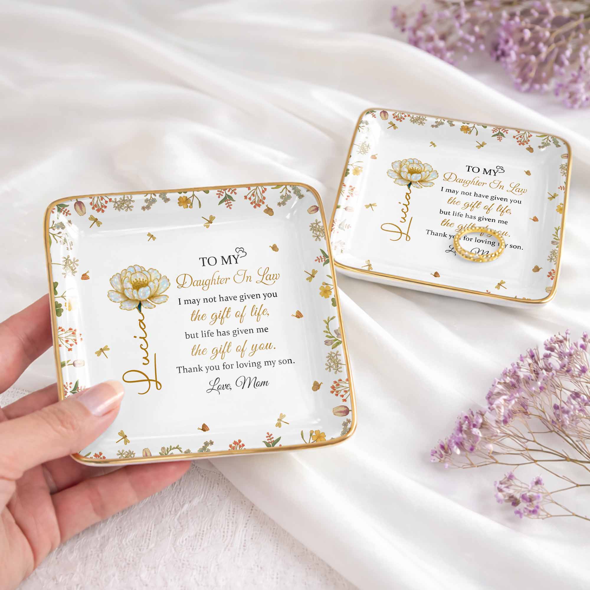 To My Daughter In Law, Flowers and Love - Personalized Custom Jewelry Dish, Ceramic Dish, Square Shape - DILA079_SCRF