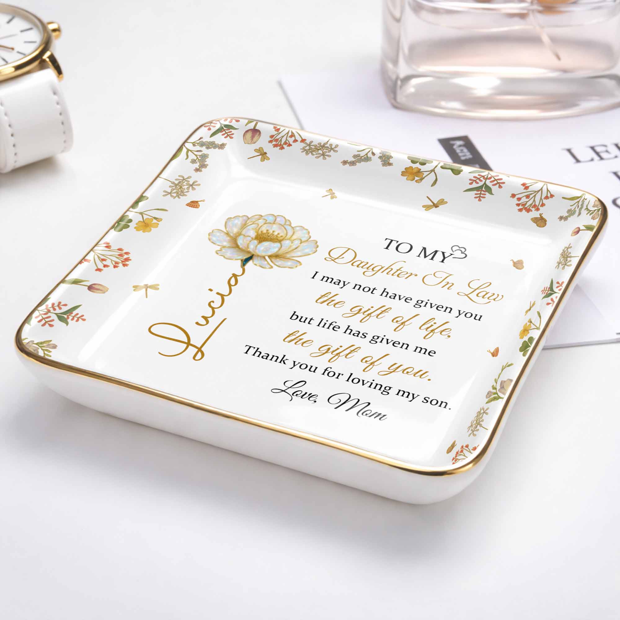 To My Daughter In Law, Flowers and Love - Personalized Custom Jewelry Dish, Ceramic Dish, Square Shape - DILA079_SCRF
