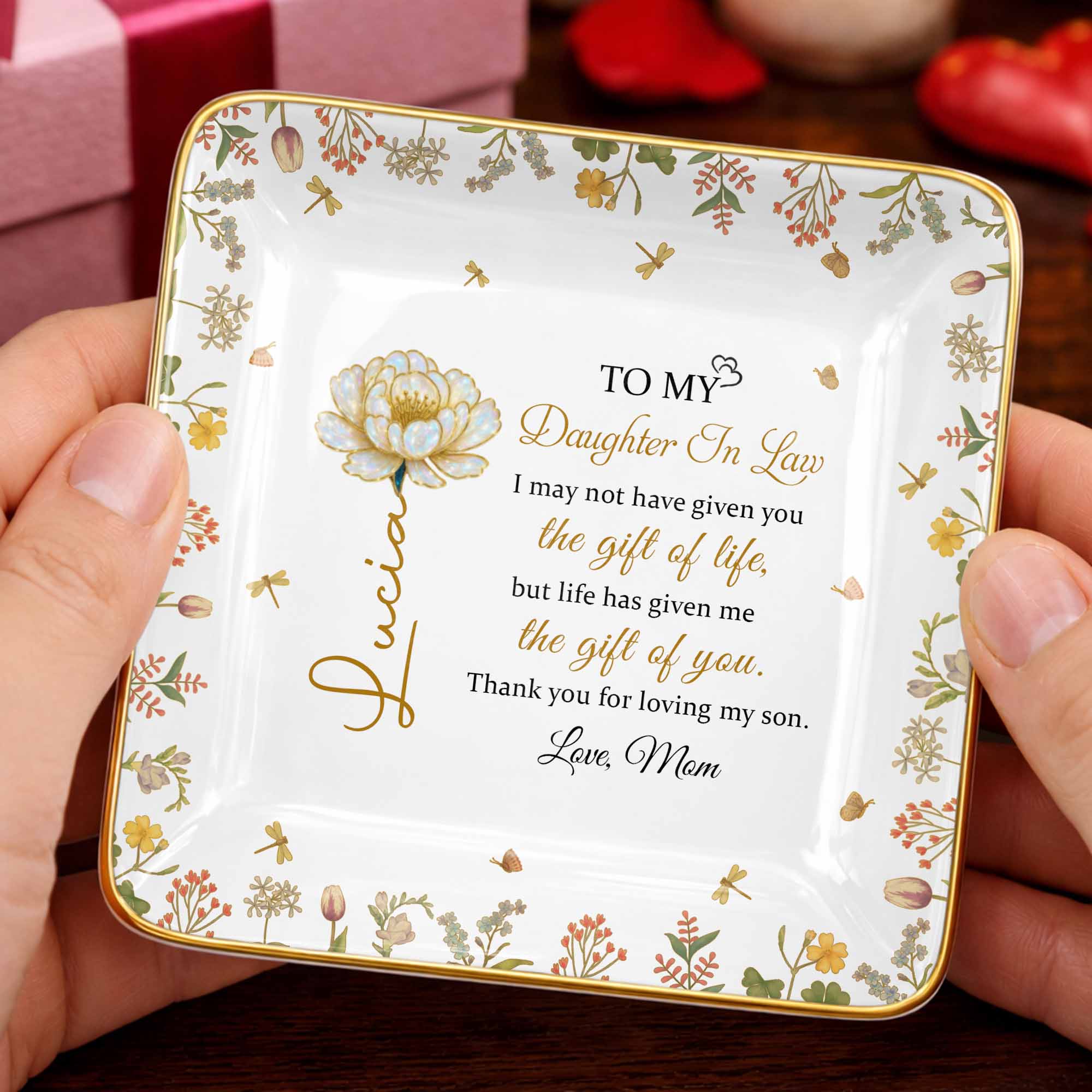 To My Daughter In Law, Flowers and Love - Personalized Custom Jewelry Dish, Ceramic Dish, Square Shape - DILA079_SCRF