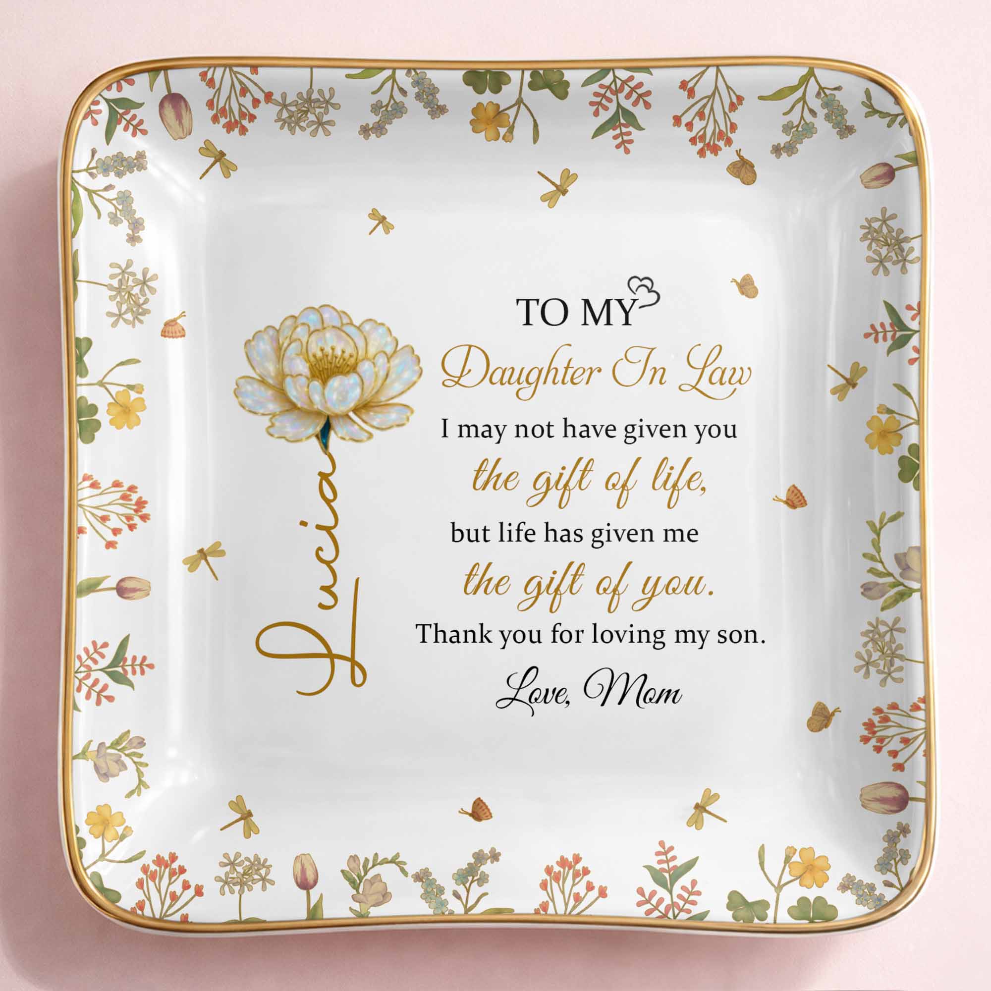 To My Daughter In Law, Flowers and Love - Personalized Custom Jewelry Dish, Ceramic Dish, Square Shape - DILA079_SCRF