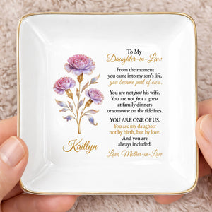 To My Daughter-in-Law, Embrace of Love With Flowers - Personalized Custom Jewelry Dish, Square Ceramic Dish - DILA081_SCRD