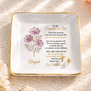 To My Daughter-in-Law, Embrace of Love With Flowers - Personalized Custom Jewelry Dish, Square Ceramic Dish - DILA081_SCRD