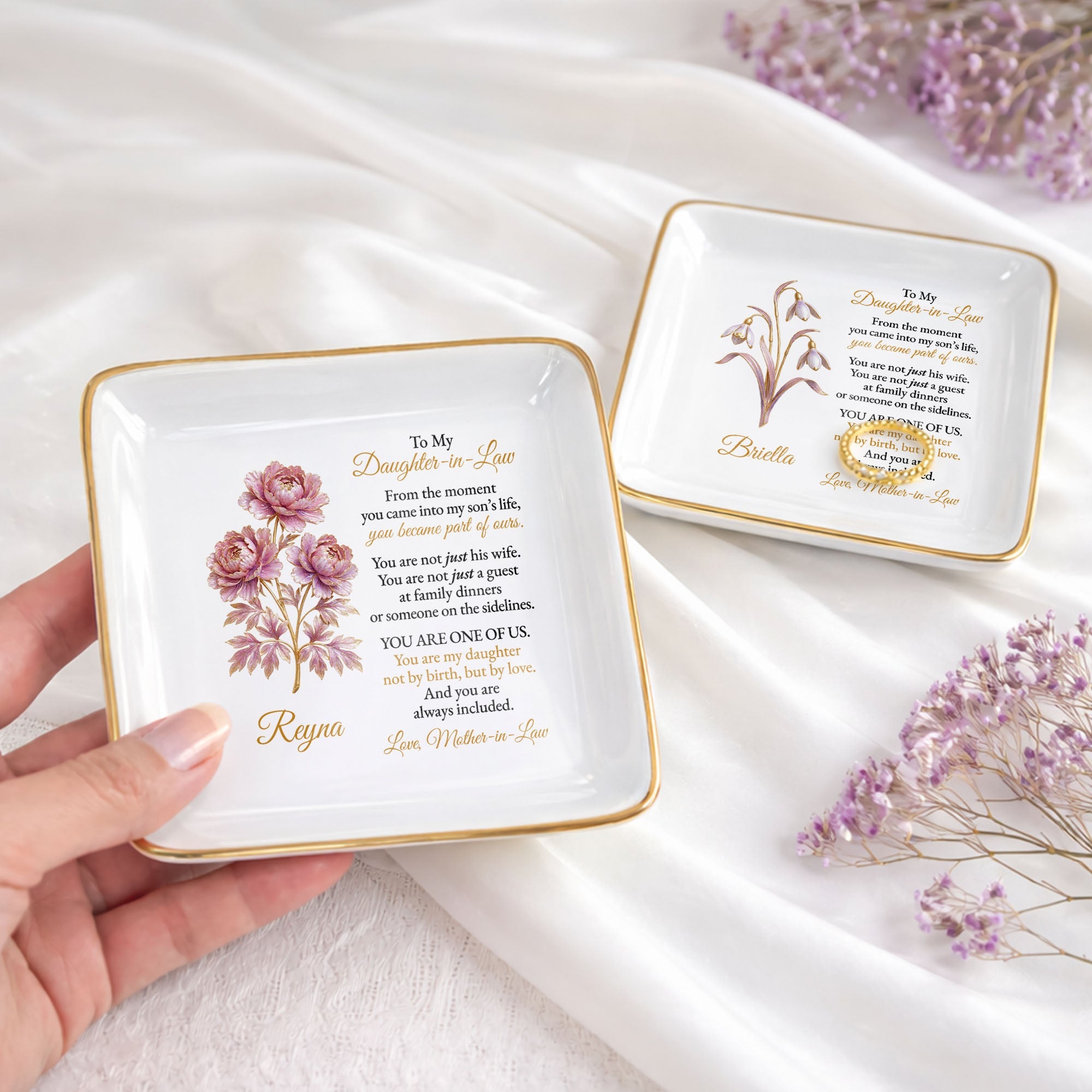 To My Daughter-in-Law, Embrace of Love With Flowers - Personalized Custom Jewelry Dish, Square Ceramic Dish - DILA081_SCRD
