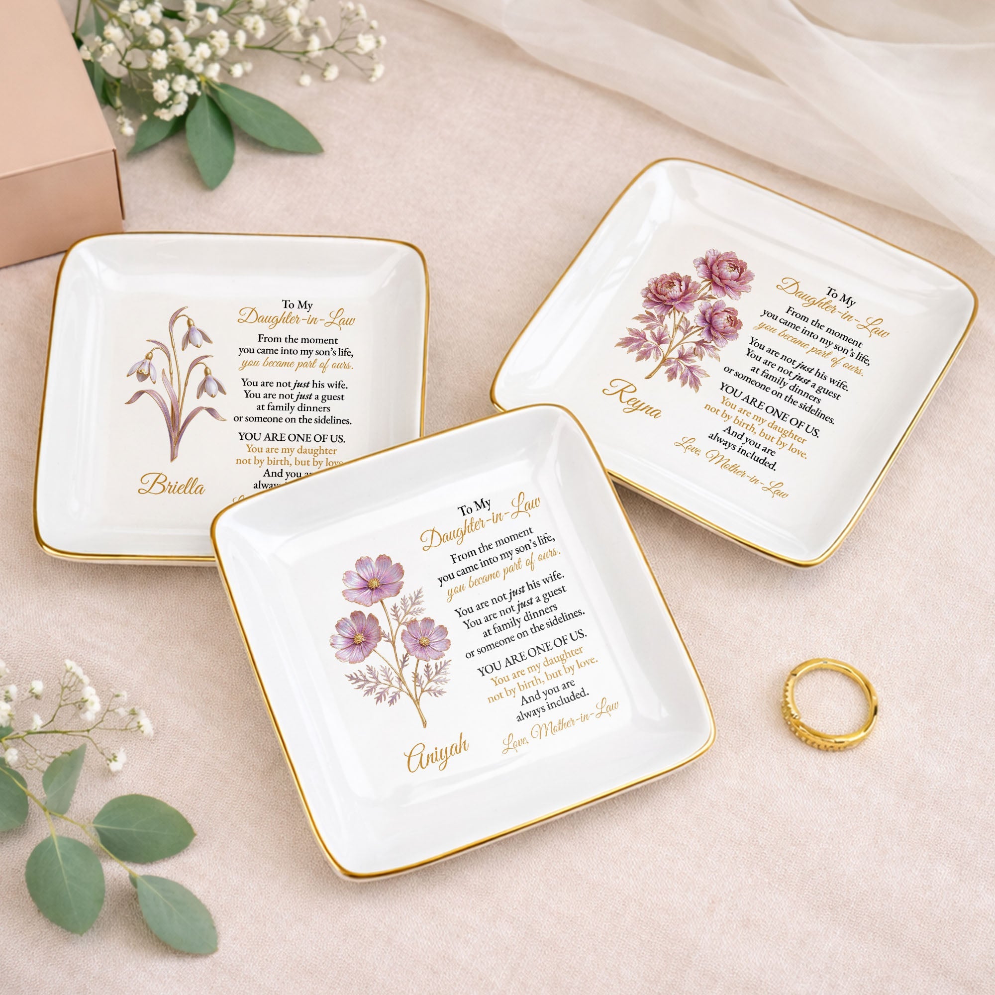 To My Daughter-in-Law, Embrace of Love With Flowers - Personalized Custom Jewelry Dish, Square Ceramic Dish - DILA081_SCRD