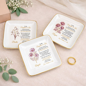 To My Daughter-in-Law, Embrace of Love With Flowers - Personalized Custom Jewelry Dish, Square Ceramic Dish - DILA081_SCRD