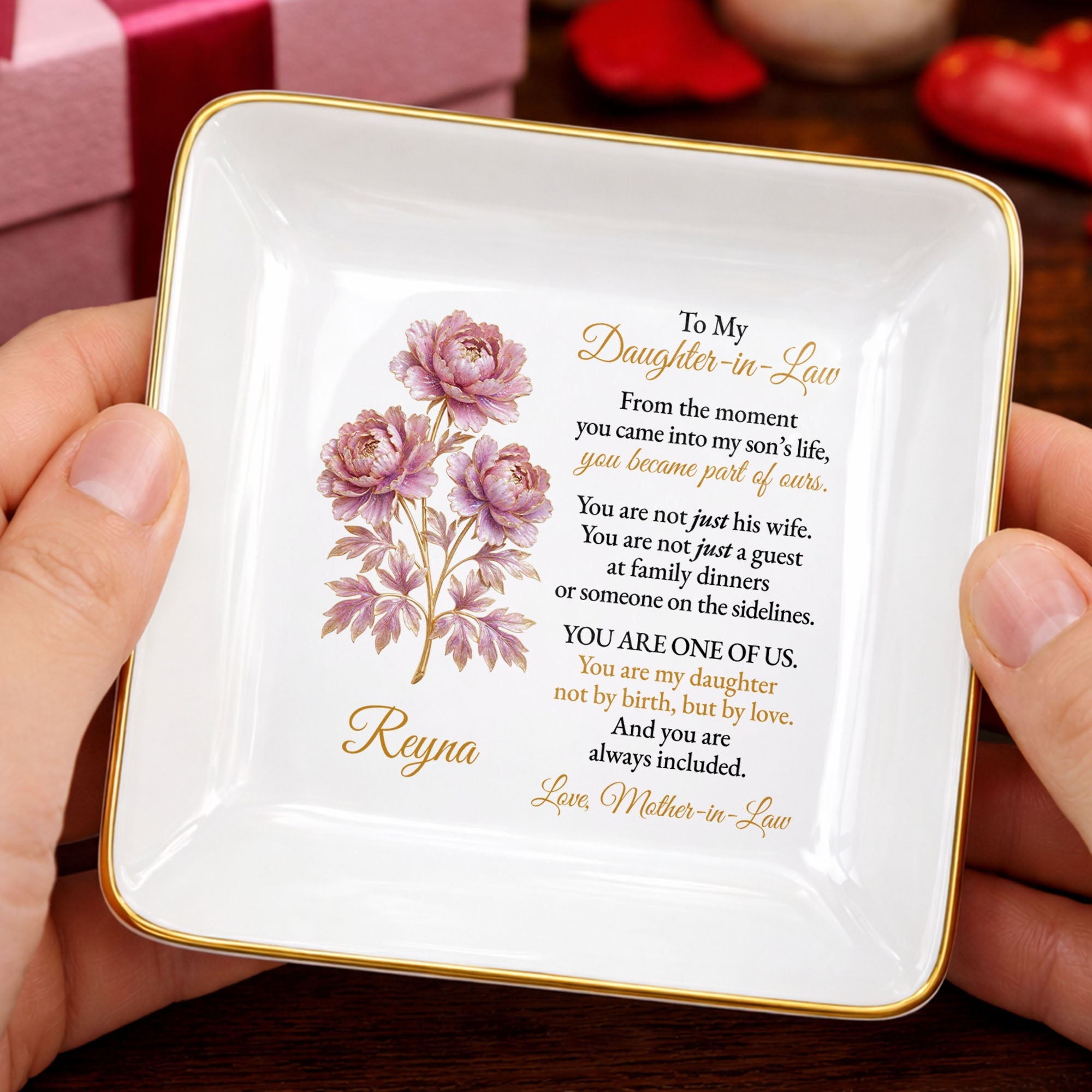 To My Daughter-in-Law, Embrace of Love With Flowers - Personalized Custom Jewelry Dish, Square Ceramic Dish - DILA081_SCRD