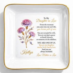 To My Daughter-in-Law, Embrace of Love With Flowers - Personalized Custom Jewelry Dish, Square Ceramic Dish - DILA081_SCRD
