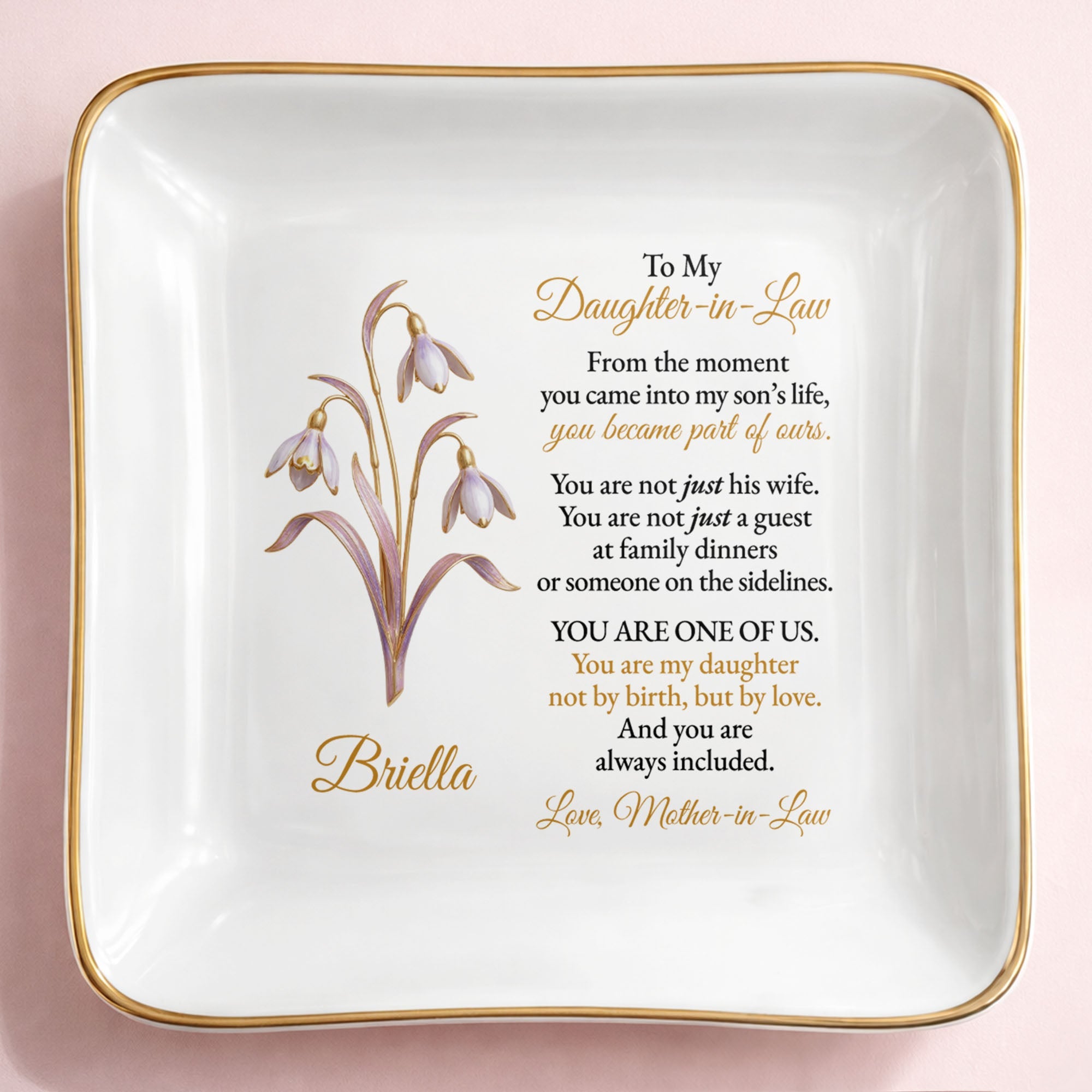 To My Daughter-in-Law, Embrace of Love With Flowers - Personalized Custom Jewelry Dish, Square Ceramic Dish - DILA081_SCRD