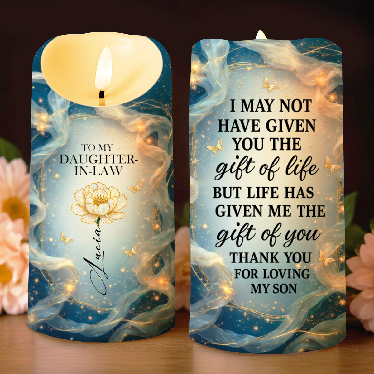 To My Daughter-In-Law, Thank You For Loving My Son, Flowers And Butterflies - Personalized Custom LED Candle - DILA082_LECA