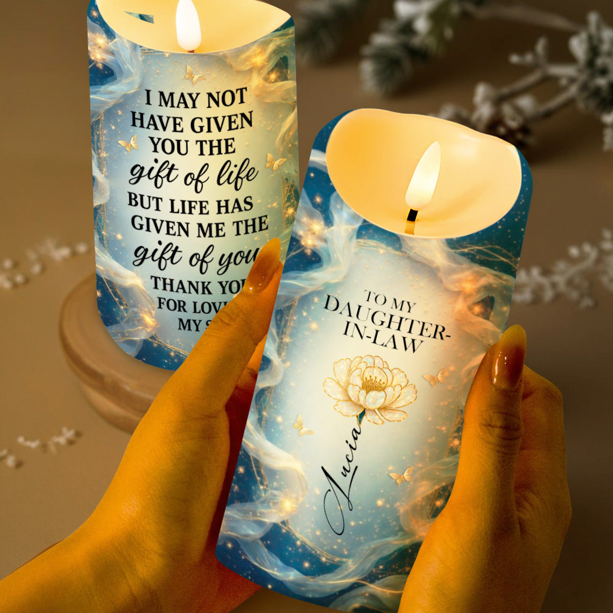 To My Daughter-In-Law, Thank You For Loving My Son, Flowers And Butterflies - Personalized Custom LED Candle - DILA082_LECA
