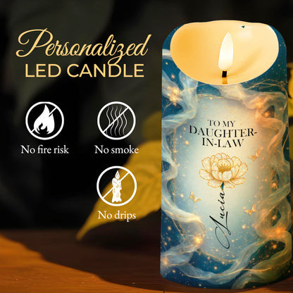 To My Daughter-In-Law, Thank You For Loving My Son, Flowers And Butterflies - Personalized Custom LED Candle - DILA082_LECA
