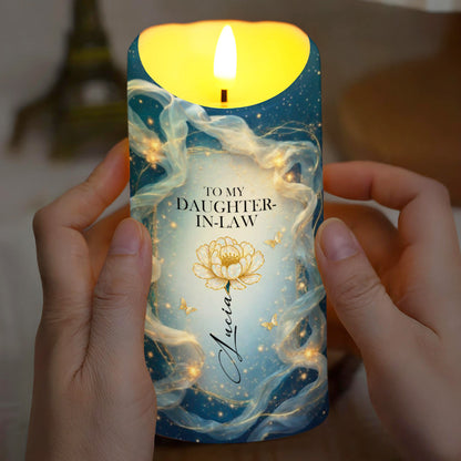 To My Daughter-In-Law, Thank You For Loving My Son, Flowers And Butterflies - Personalized Custom LED Candle - DILA082_LECA