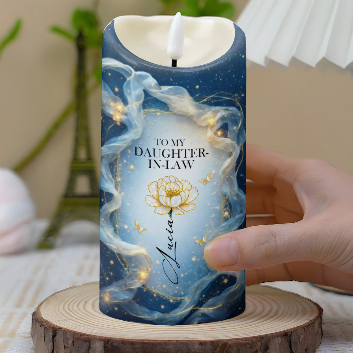 To My Daughter-In-Law, Thank You For Loving My Son, Flowers And Butterflies - Personalized Custom LED Candle - DILA082_LECA