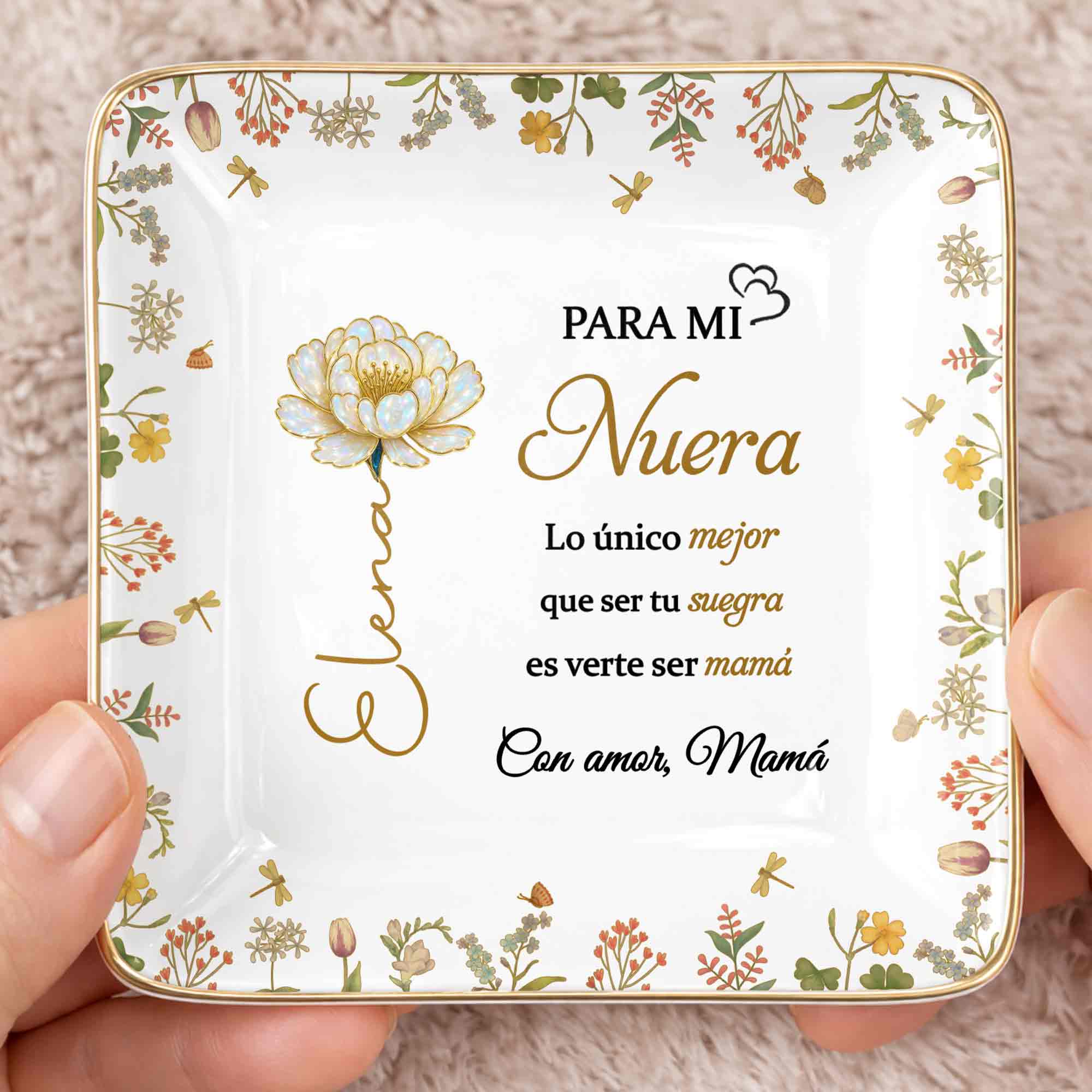 Para Mi Nuera, Flowers Love Mom - Personalized Custom Jewelry Dish, Ceramic Dish, Square Shape - DILA084_SCRF