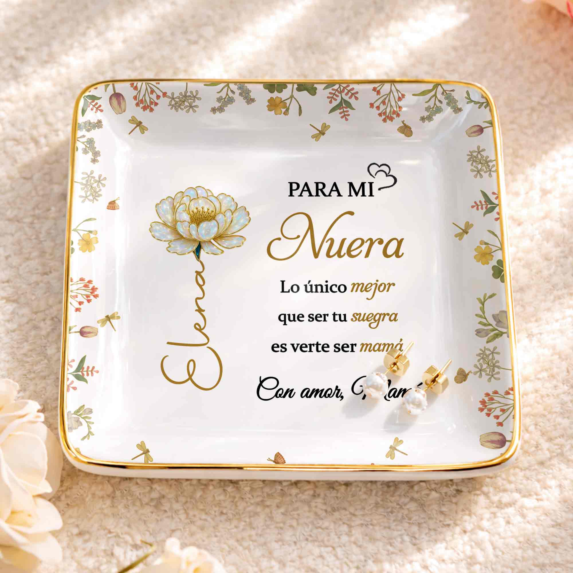 Para Mi Nuera, Flowers Love Mom - Personalized Custom Jewelry Dish, Ceramic Dish, Square Shape - DILA084_SCRF