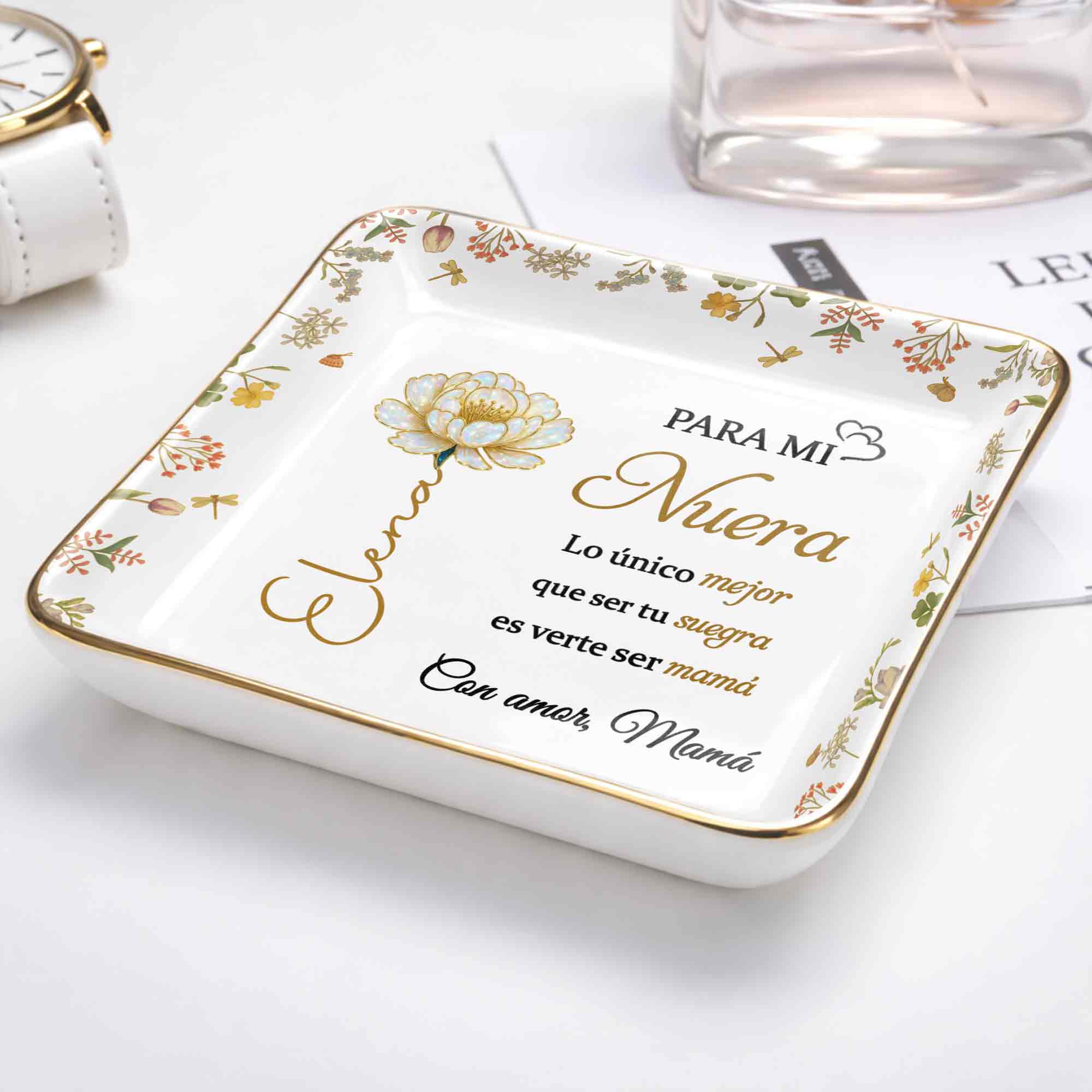 Para Mi Nuera, Flowers Love Mom - Personalized Custom Jewelry Dish, Ceramic Dish, Square Shape - DILA084_SCRF