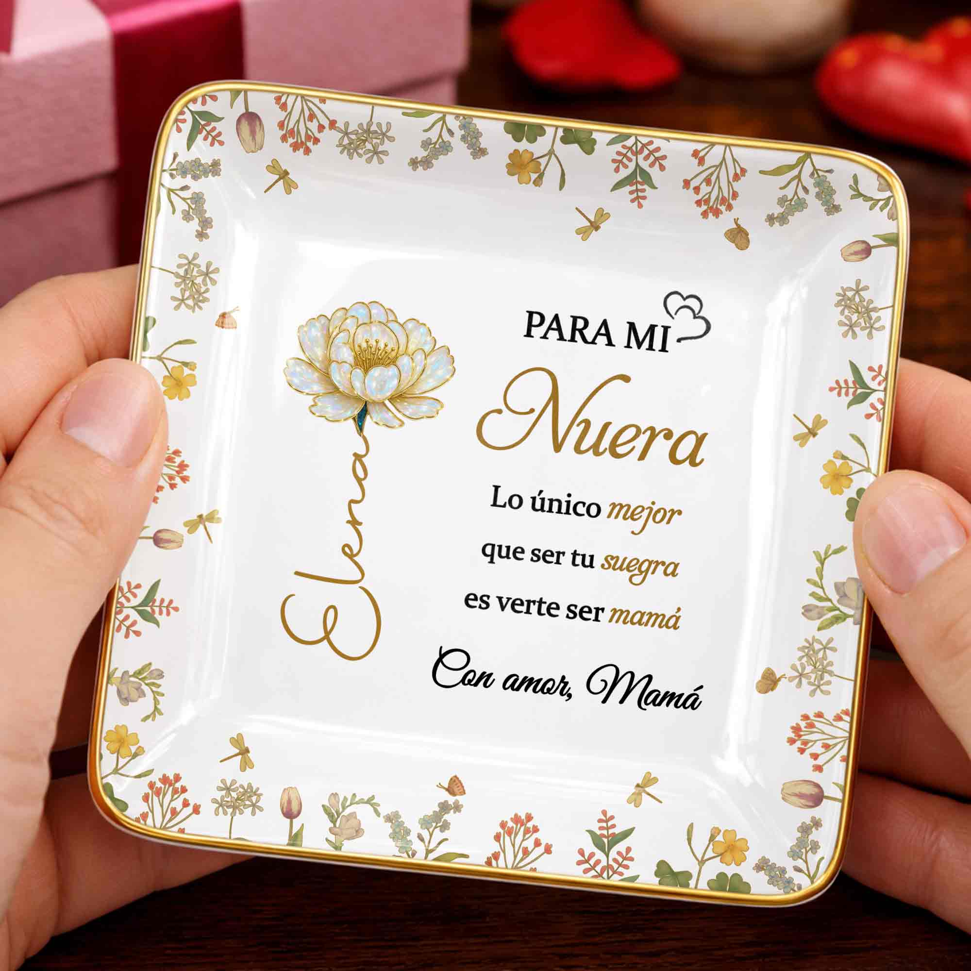 Para Mi Nuera, Flowers Love Mom - Personalized Custom Jewelry Dish, Ceramic Dish, Square Shape - DILA084_SCRF