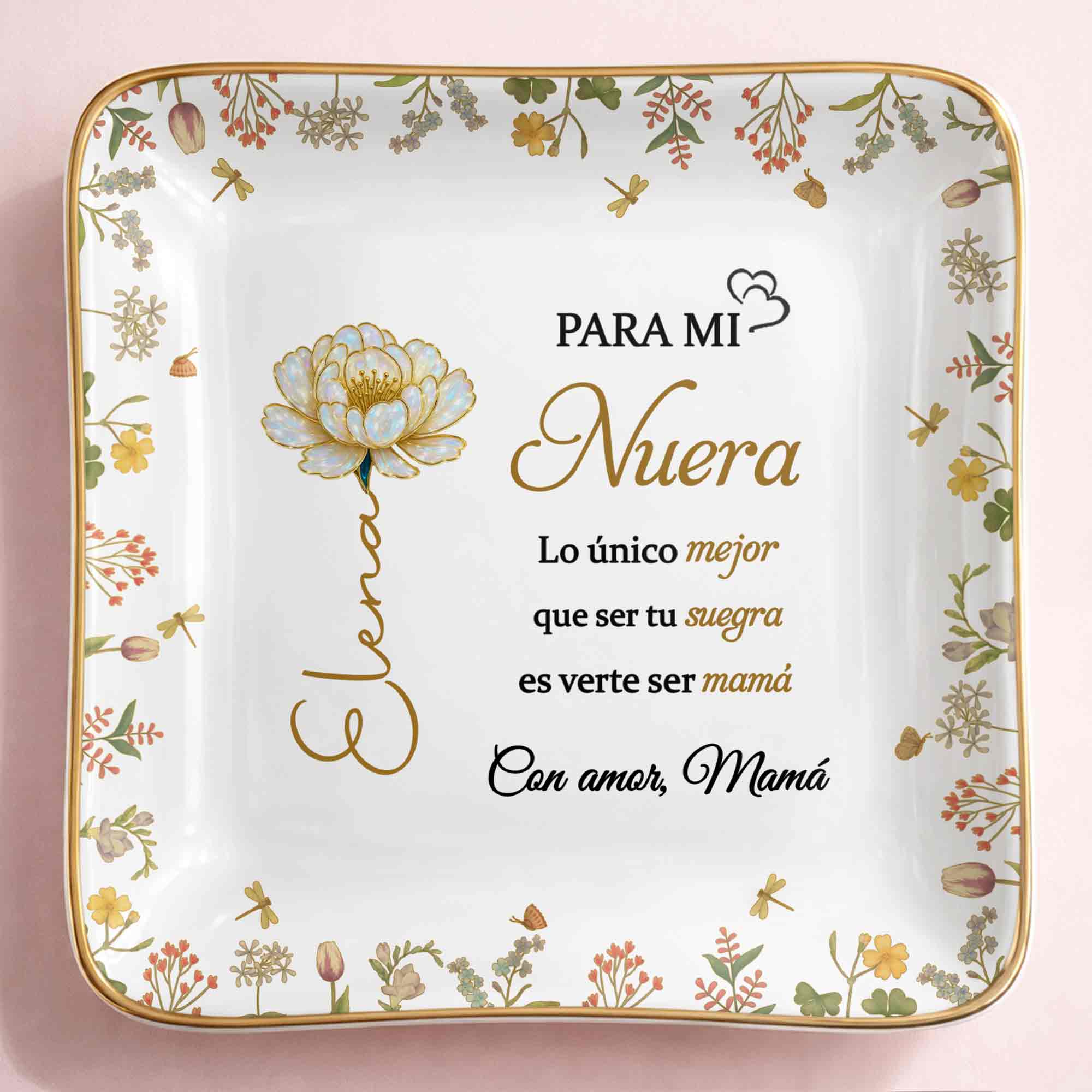 Para Mi Nuera, Flowers Love Mom - Personalized Custom Jewelry Dish, Ceramic Dish, Square Shape - DILA084_SCRF