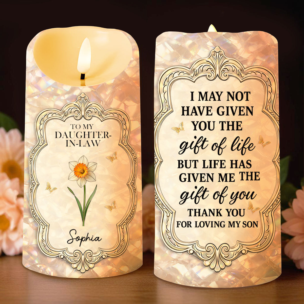 To My Daughter In Law Gift Of You Flower And Butterflies - Personalized Custom LED Candle - DILA086_LECA