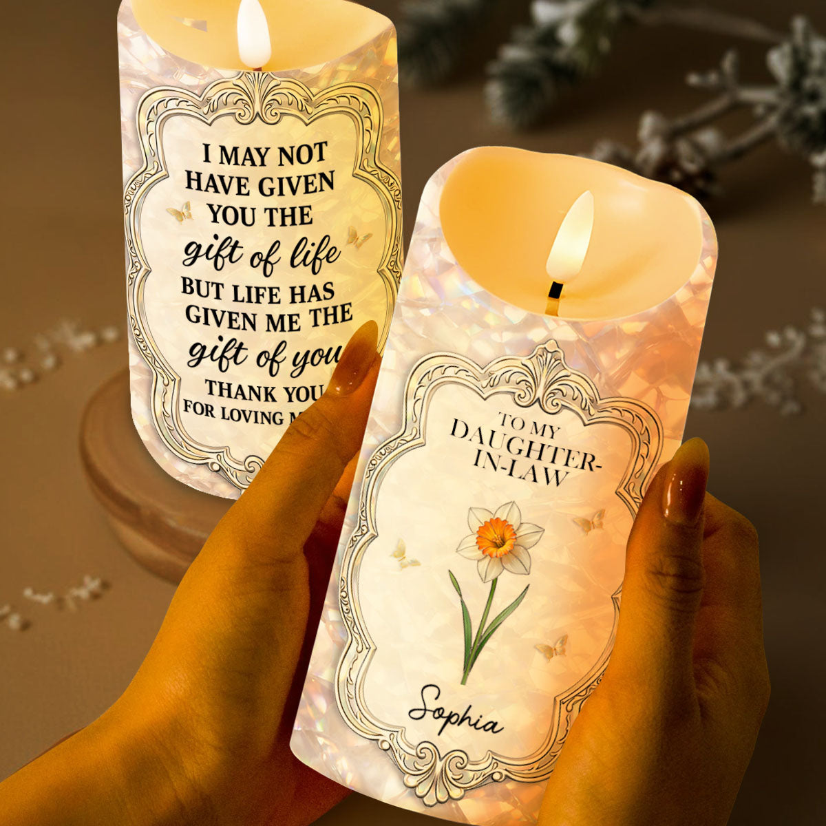 To My Daughter In Law Gift Of You Flower And Butterflies - Personalized Custom LED Candle - DILA086_LECA
