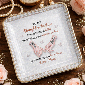 To My Daughter In Law Pinky Promise Butterfly Crystal Design - Personalized Custom Jewelry Dish, Ceramic Dish, Square Shape - DILA088_SCRF