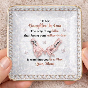 To My Daughter In Law Pinky Promise Butterfly Crystal Design - Personalized Custom Jewelry Dish, Ceramic Dish, Square Shape - DILA088_SCRF