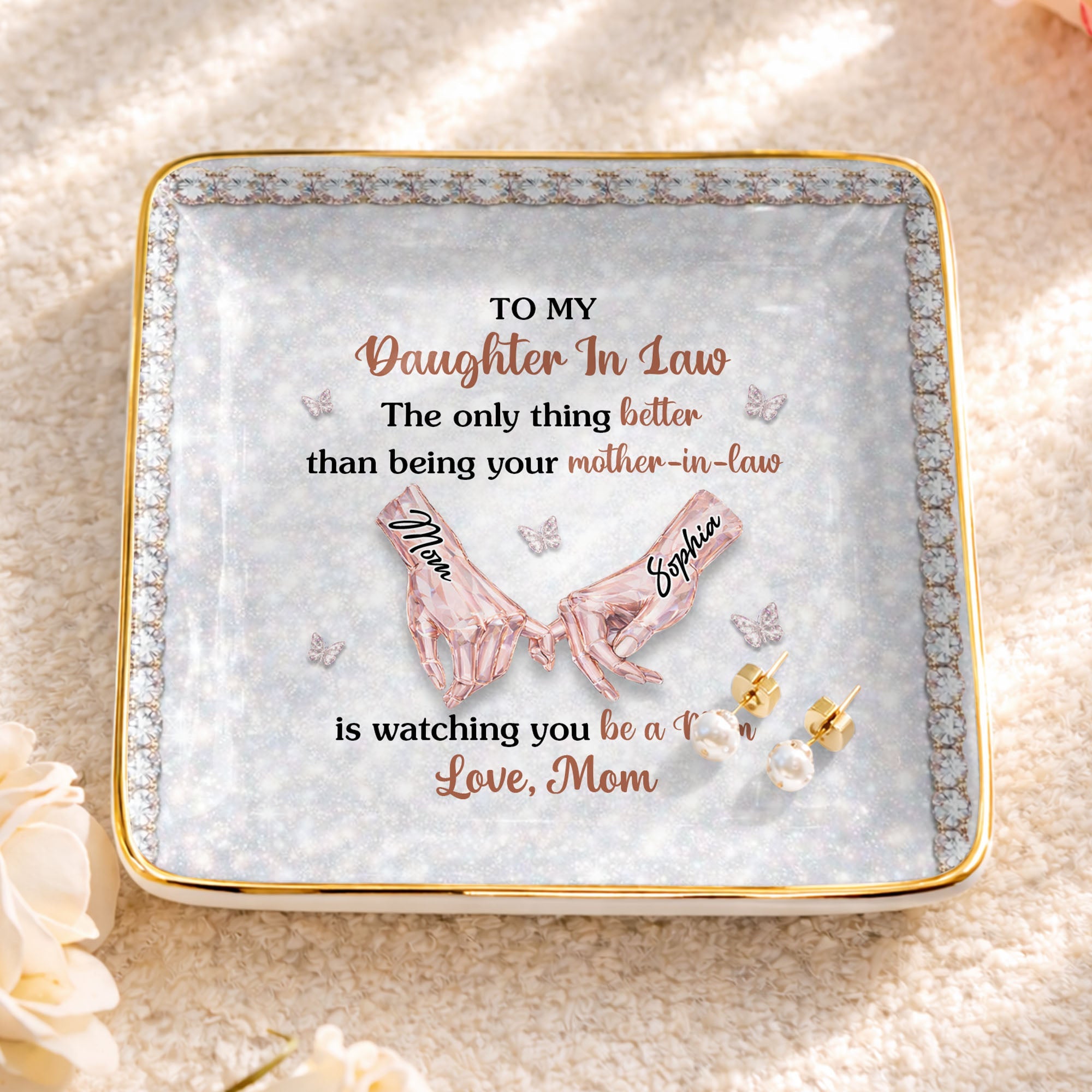 To My Daughter In Law Pinky Promise Butterfly Crystal Design - Personalized Custom Jewelry Dish, Ceramic Dish, Square Shape - DILA088_SCRF
