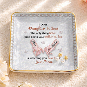 To My Daughter In Law Pinky Promise Butterfly Crystal Design - Personalized Custom Jewelry Dish, Ceramic Dish, Square Shape - DILA088_SCRF