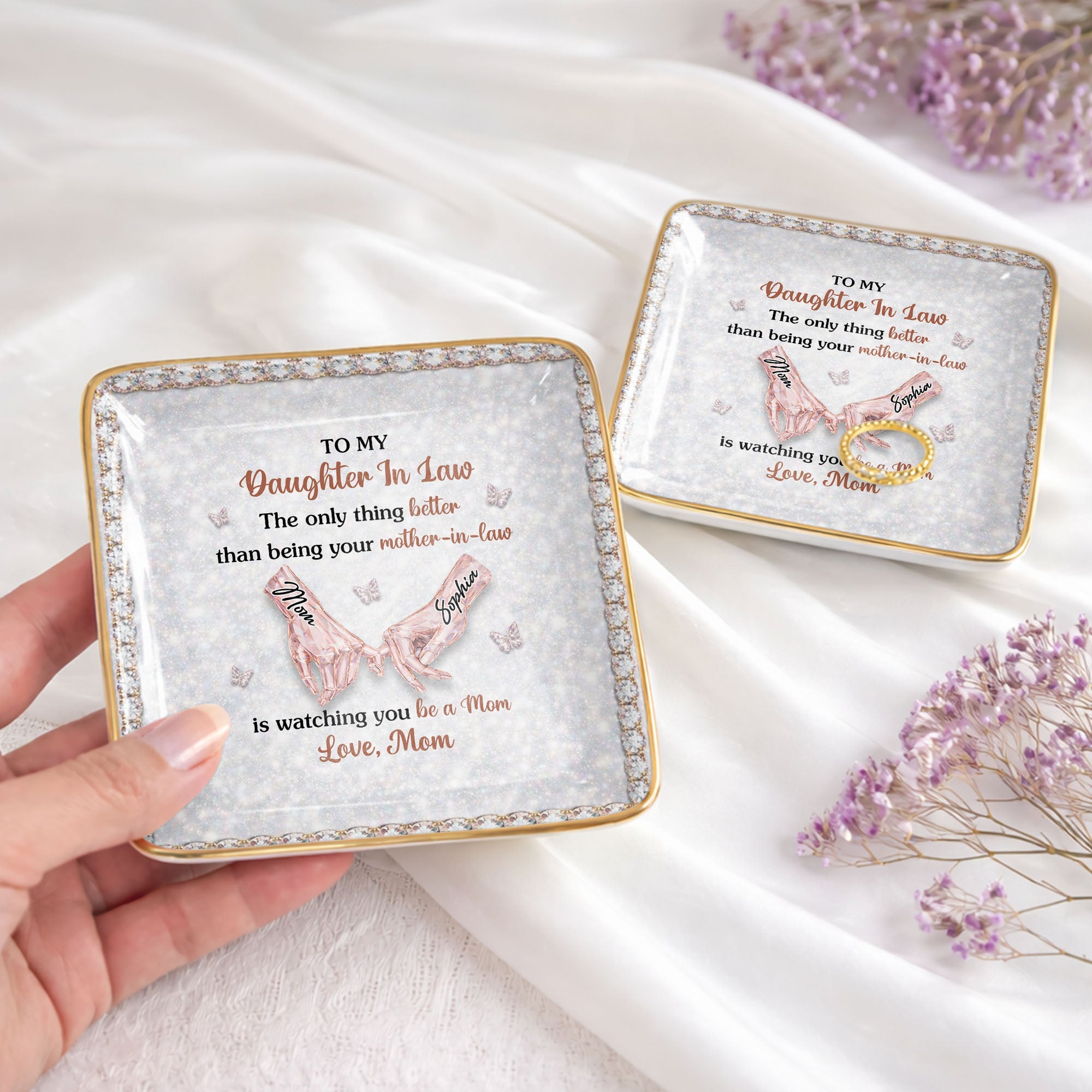 To My Daughter In Law Pinky Promise Butterfly Crystal Design - Personalized Custom Jewelry Dish, Ceramic Dish, Square Shape - DILA088_SCRF