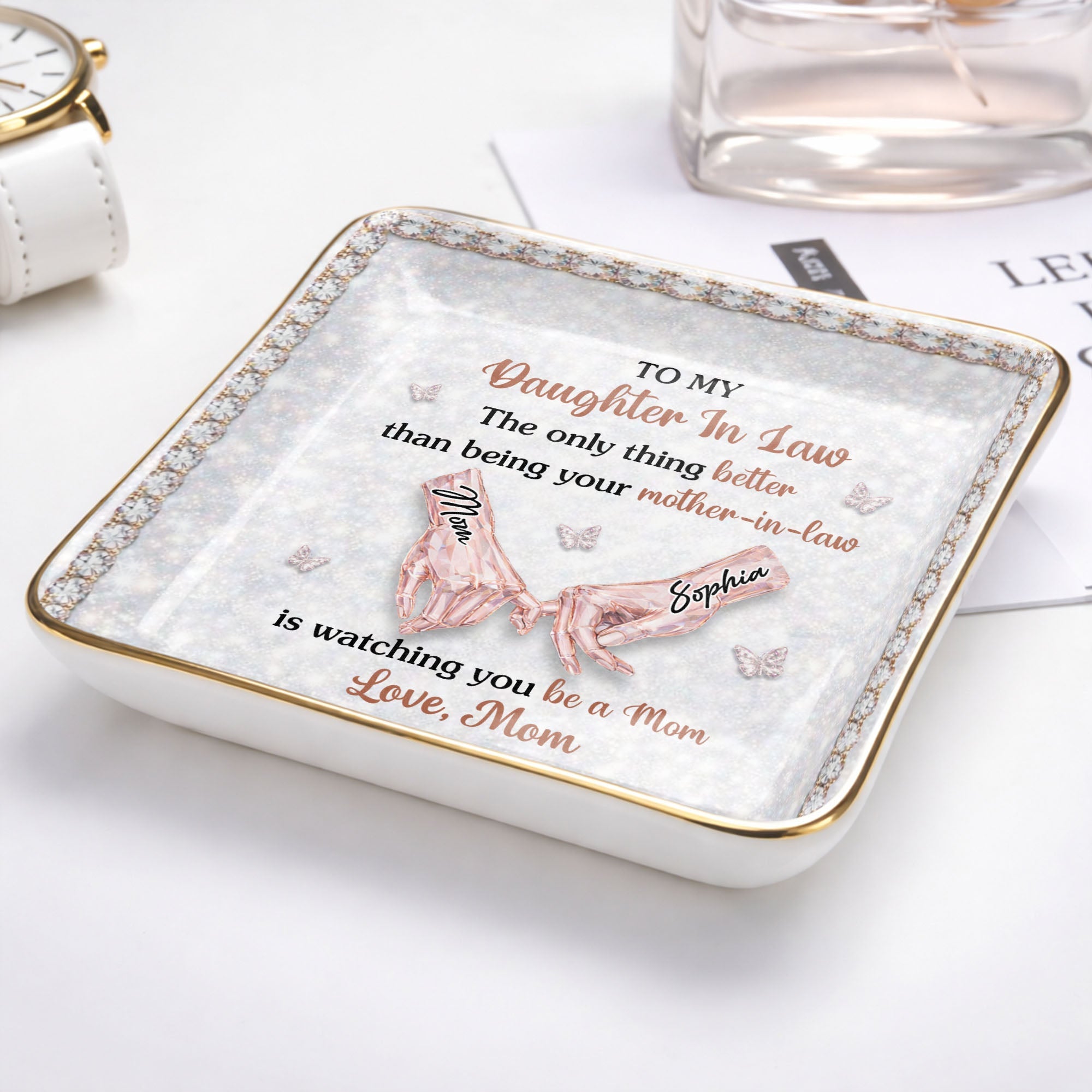 To My Daughter In Law Pinky Promise Butterfly Crystal Design - Personalized Custom Jewelry Dish, Ceramic Dish, Square Shape - DILA088_SCRF