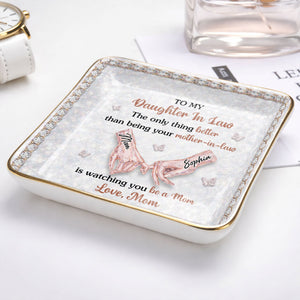 To My Daughter In Law Pinky Promise Butterfly Crystal Design - Personalized Custom Jewelry Dish, Ceramic Dish, Square Shape - DILA088_SCRF