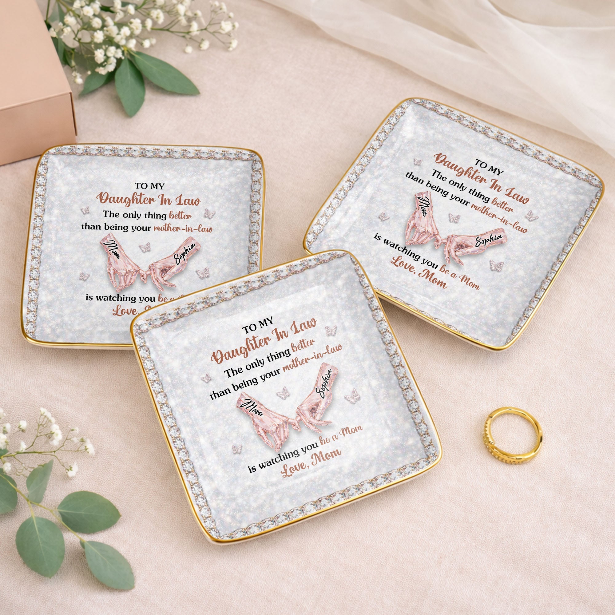 To My Daughter In Law Pinky Promise Butterfly Crystal Design - Personalized Custom Jewelry Dish, Ceramic Dish, Square Shape - DILA088_SCRF