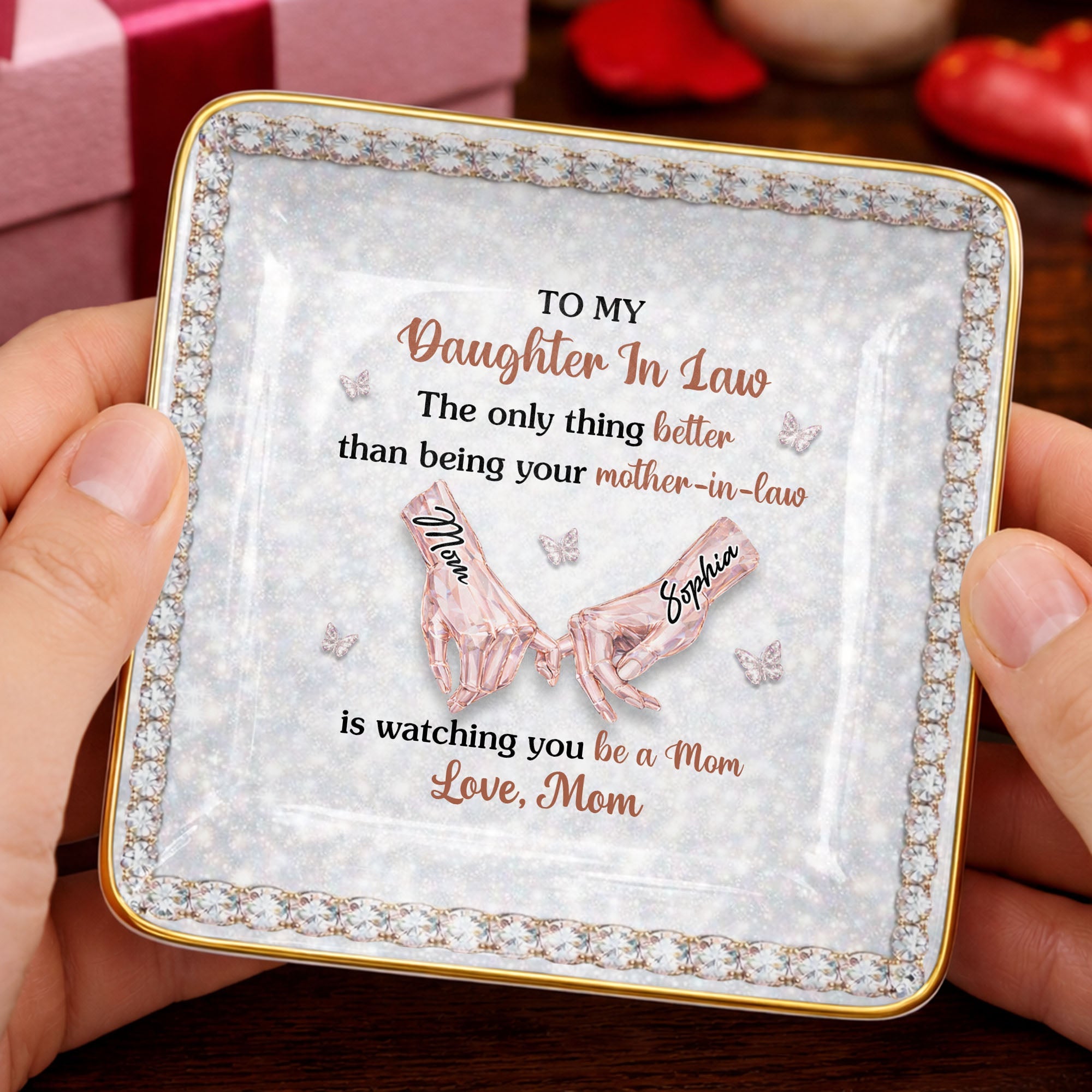 To My Daughter In Law Pinky Promise Butterfly Crystal Design - Personalized Custom Jewelry Dish, Ceramic Dish, Square Shape - DILA088_SCRF