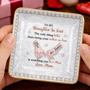 To My Daughter In Law Pinky Promise Butterfly Crystal Design - Personalized Custom Jewelry Dish, Ceramic Dish, Square Shape - DILA088_SCRF
