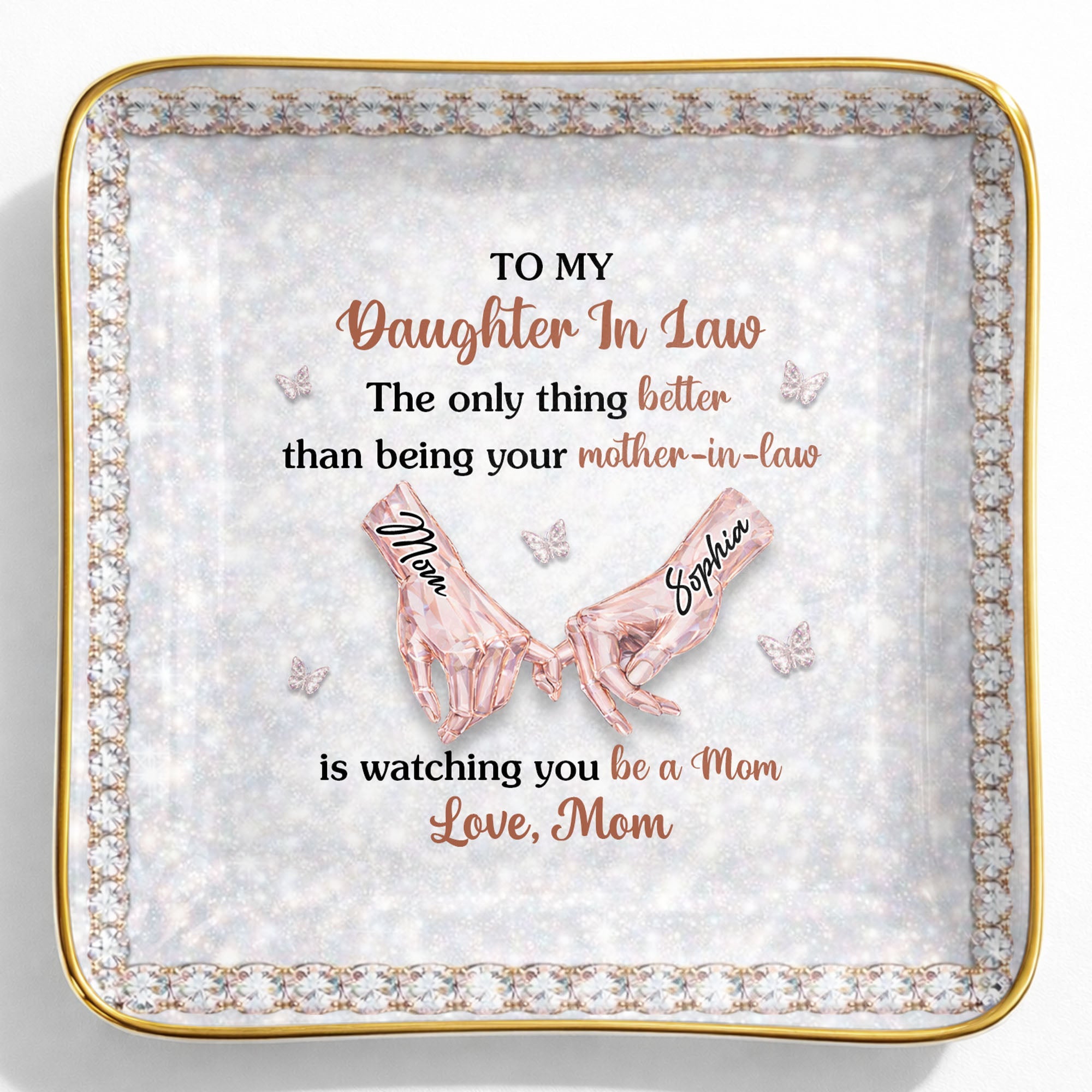 To My Daughter In Law Pinky Promise Butterfly Crystal Design - Personalized Custom Jewelry Dish, Ceramic Dish, Square Shape - DILA088_SCRF