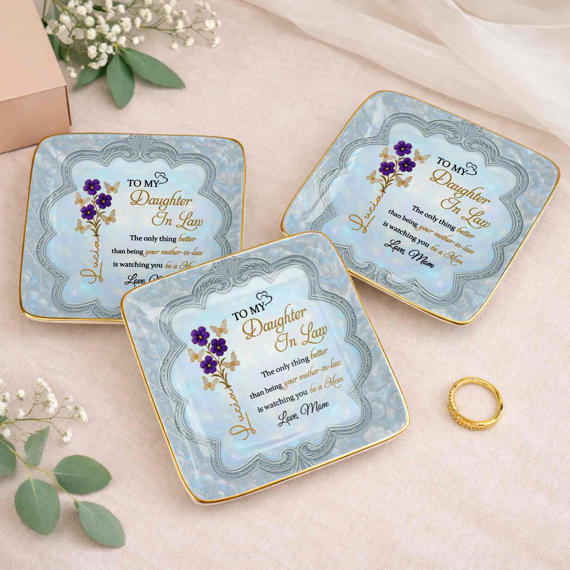 To My Daughter In Law Better Than Being Your Mother In Law Flowers Butterflies - Personalized Custom Jewelry Dish, Ceramic Dish, Square Shape - DILA089_SCRF