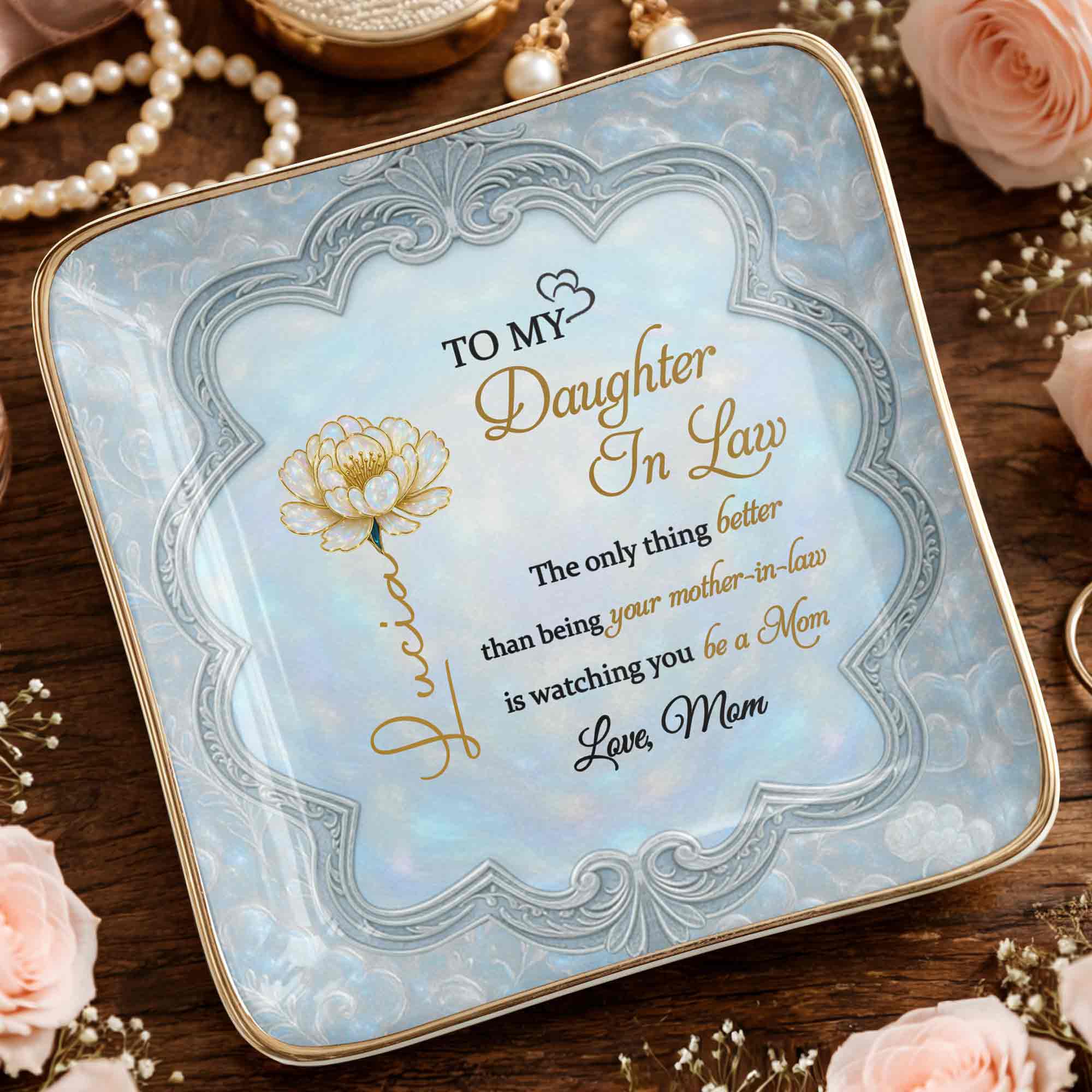 To My Daughter In Law Watching You Be A Mom Flower Jewelry Dish - Personalized Custom Jewelry Dish, Ceramic Dish, Square Shape - DILA090_SCRF