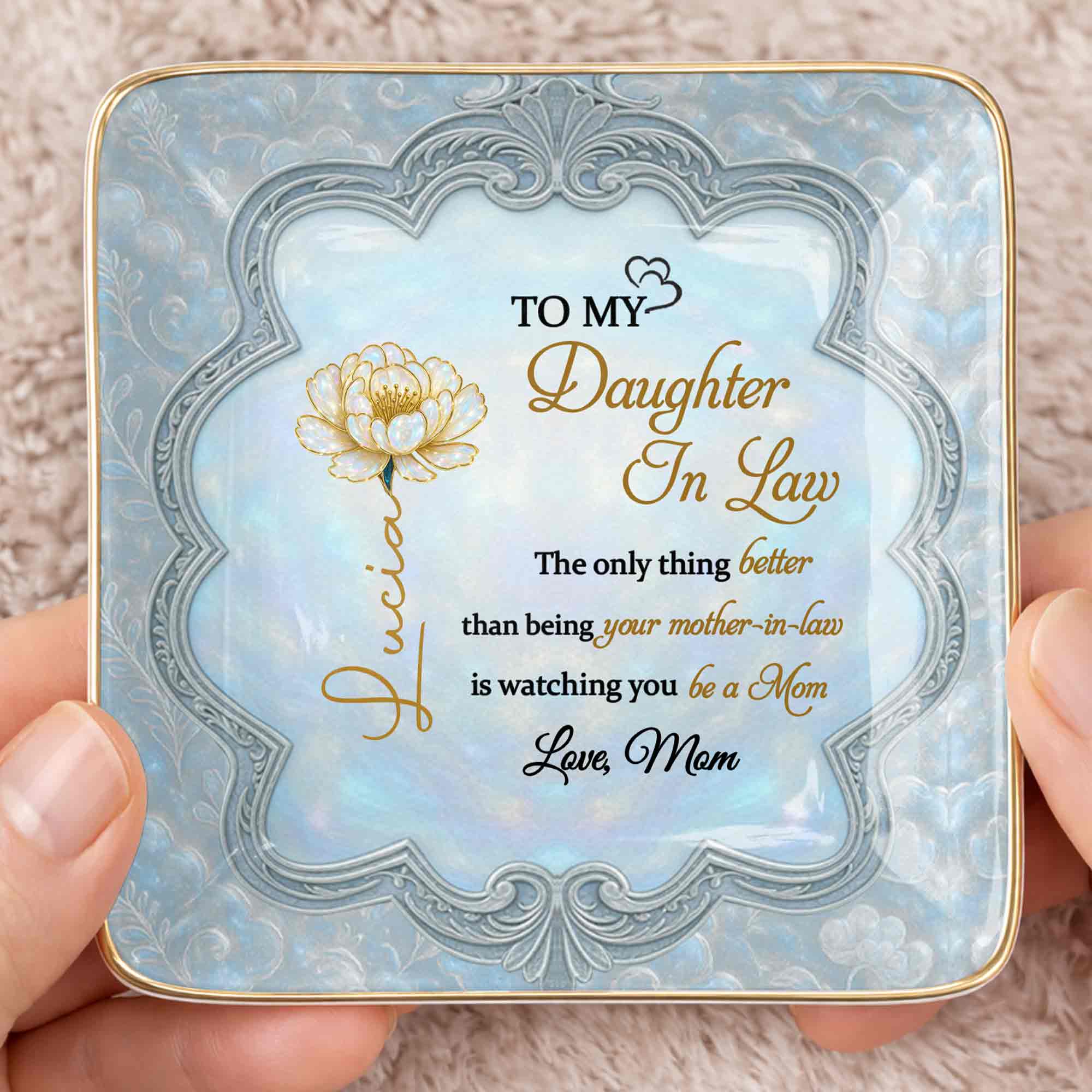 To My Daughter In Law Watching You Be A Mom Flower Jewelry Dish - Personalized Custom Jewelry Dish, Ceramic Dish, Square Shape - DILA090_SCRF