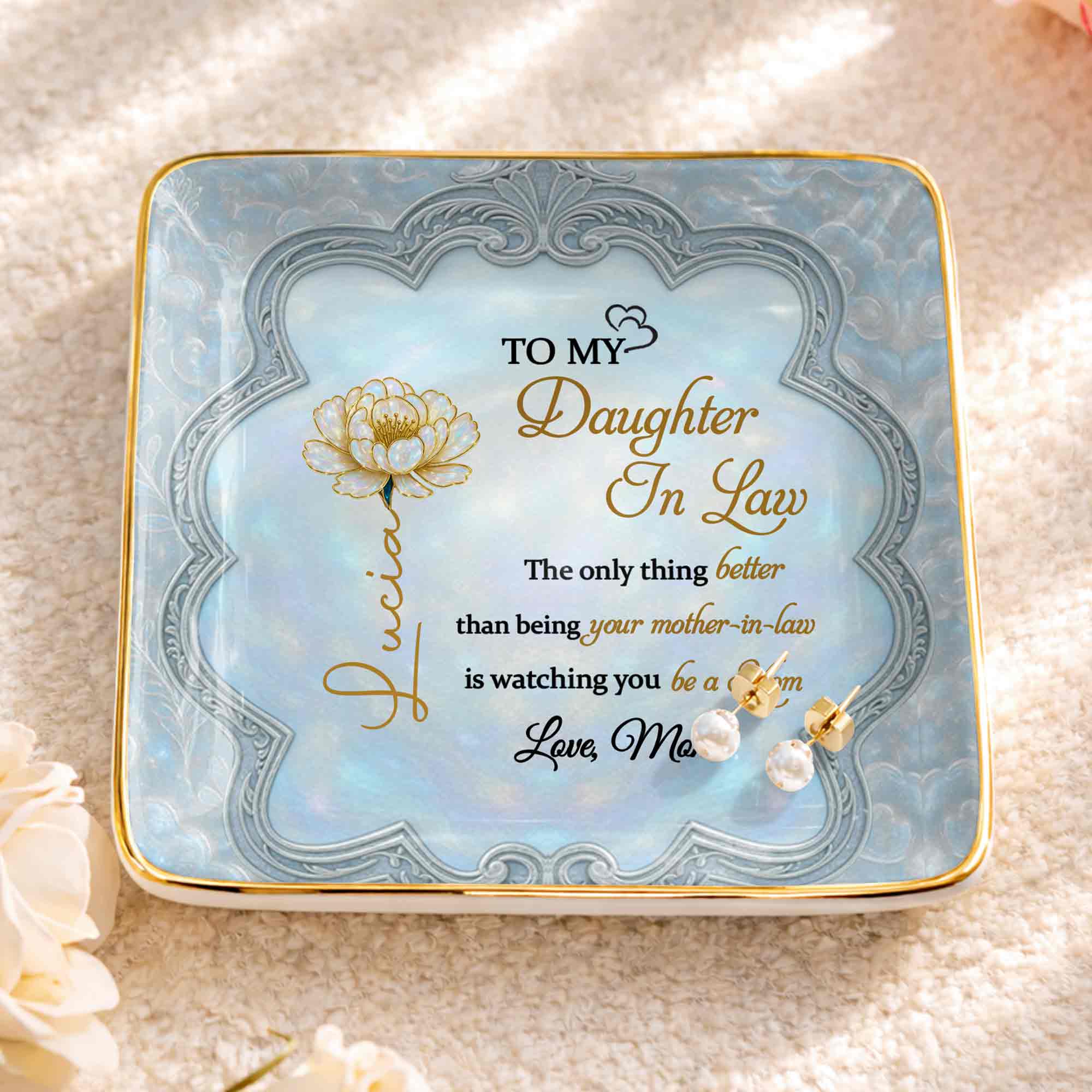 To My Daughter In Law Watching You Be A Mom Flower Jewelry Dish - Personalized Custom Jewelry Dish, Ceramic Dish, Square Shape - DILA090_SCRF