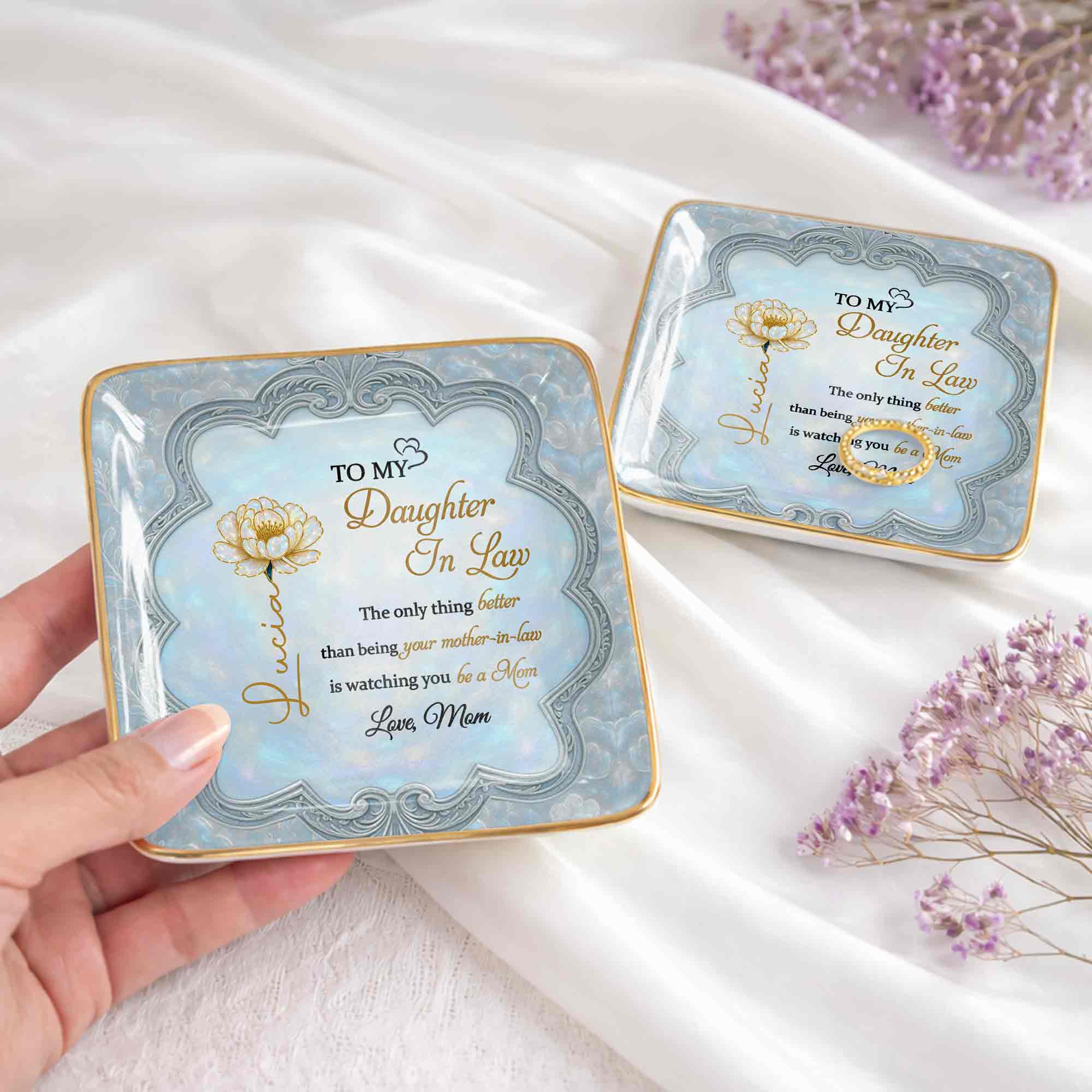 To My Daughter In Law Watching You Be A Mom Flower Jewelry Dish - Personalized Custom Jewelry Dish, Ceramic Dish, Square Shape - DILA090_SCRF