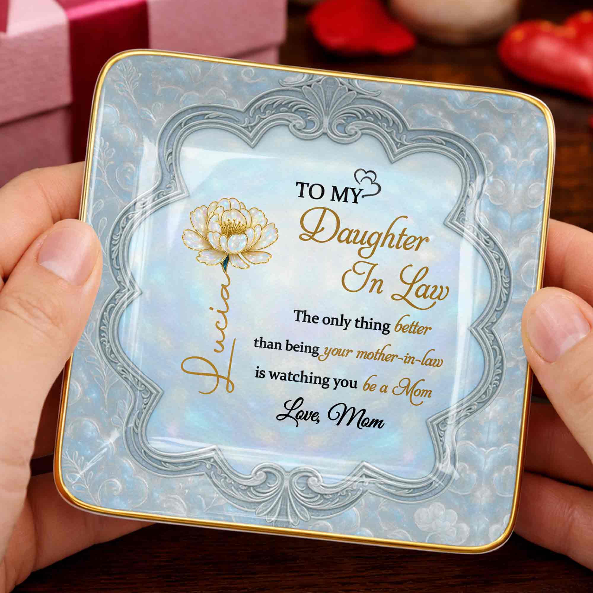 To My Daughter In Law Watching You Be A Mom Flower Jewelry Dish - Personalized Custom Jewelry Dish, Ceramic Dish, Square Shape - DILA090_SCRF