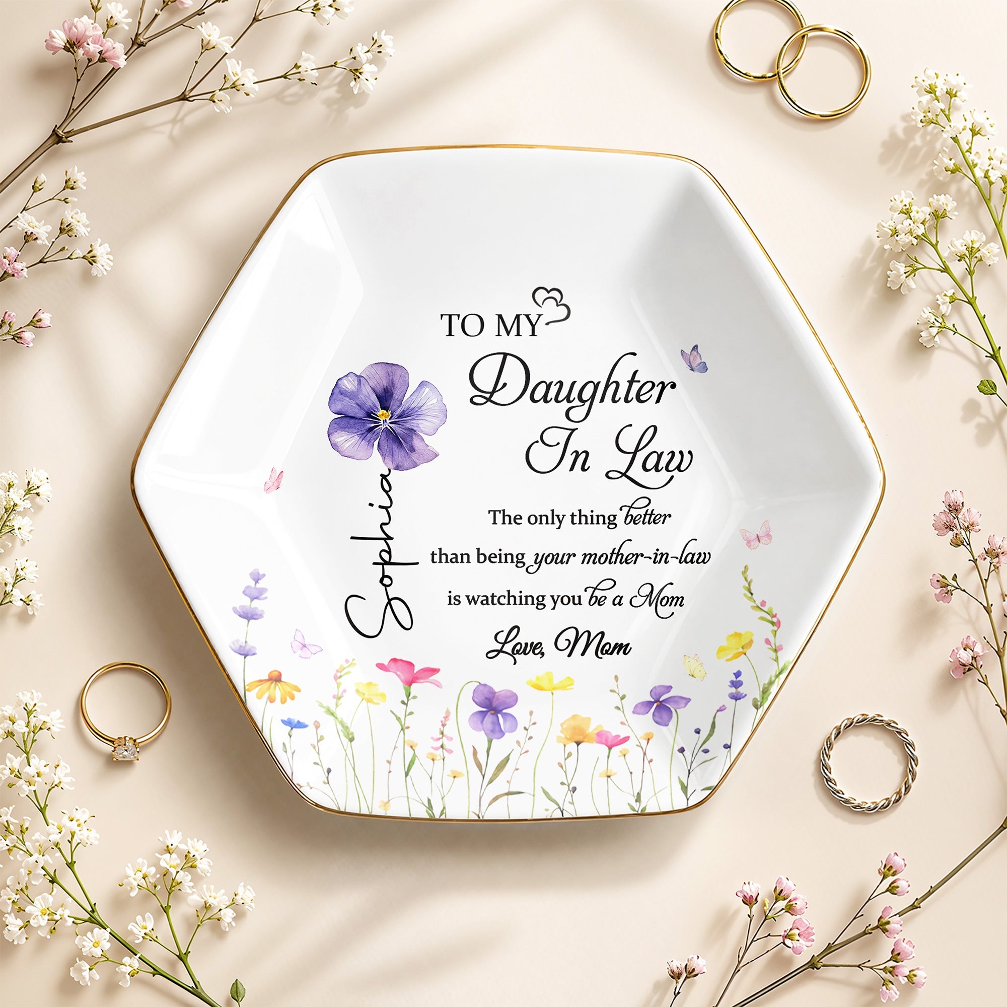 To My Daughter In Law Better Than Mother In Law Birth Month Flower - Personalized Custom Jewelry Dish, Ceramic Dish, Hexagonal Shape - DILA091_HECRD