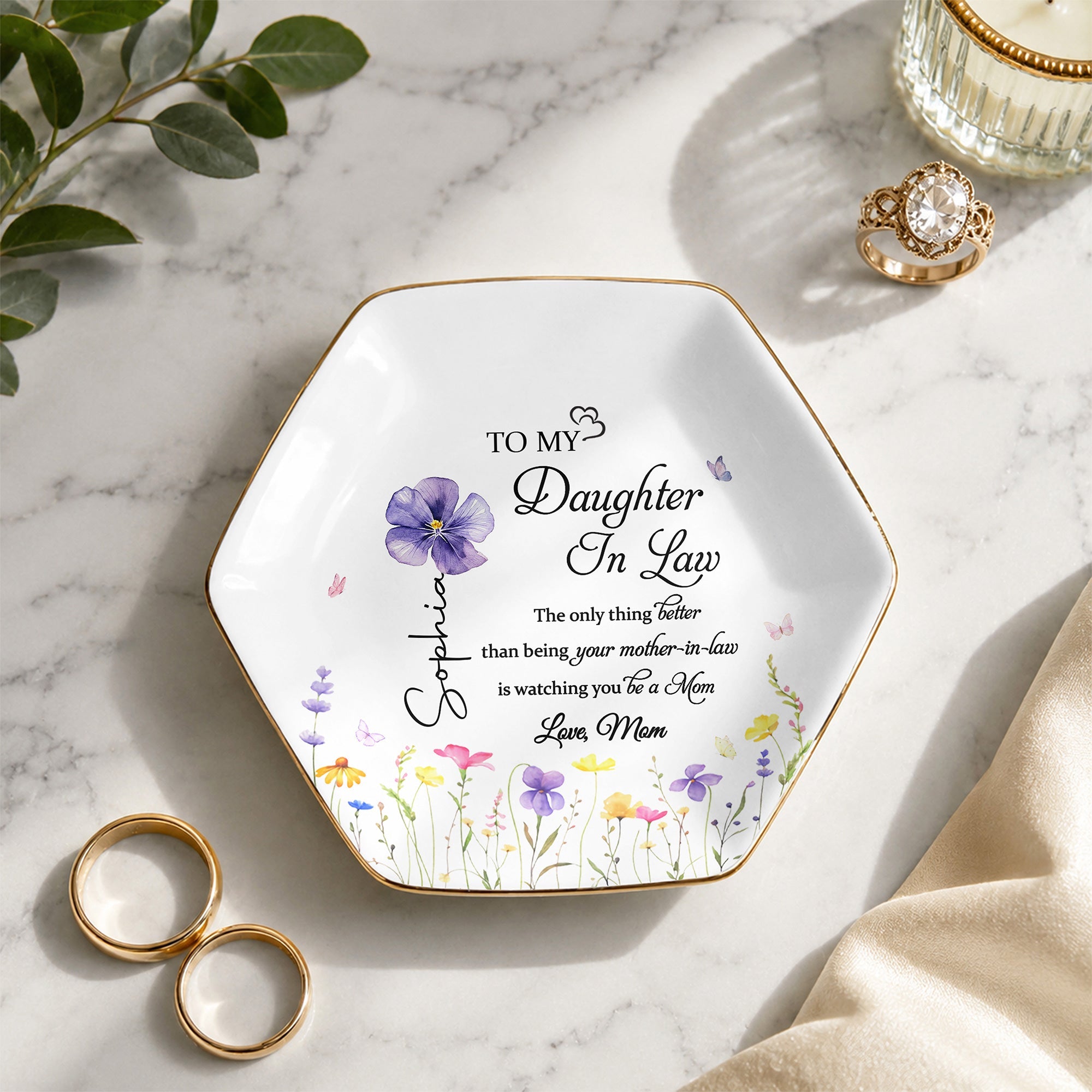 To My Daughter In Law Better Than Mother In Law Birth Month Flower - Personalized Custom Jewelry Dish, Ceramic Dish, Hexagonal Shape - DILA091_HECRD