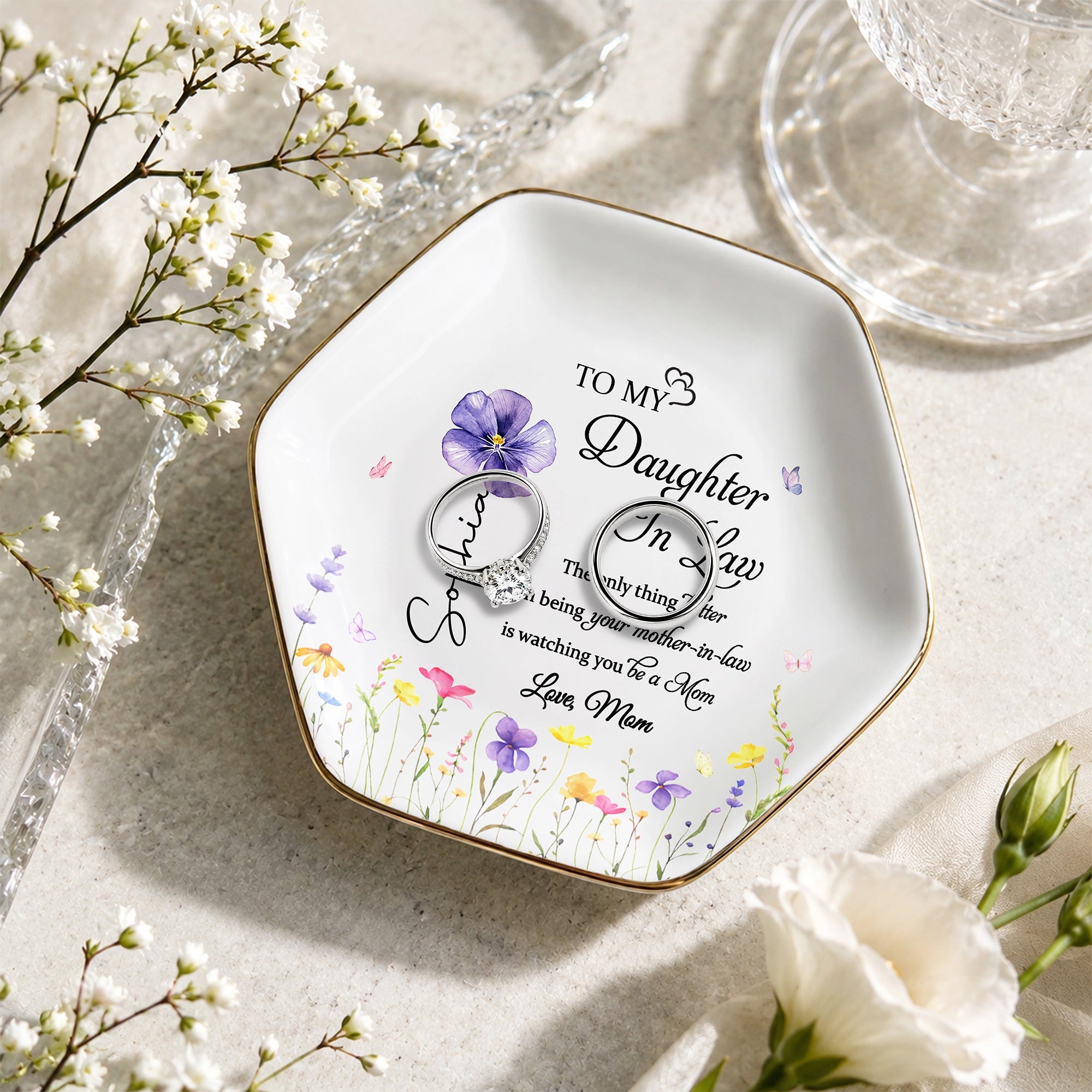 To My Daughter In Law Better Than Mother In Law Birth Month Flower - Personalized Custom Jewelry Dish, Ceramic Dish, Hexagonal Shape - DILA091_HECRD