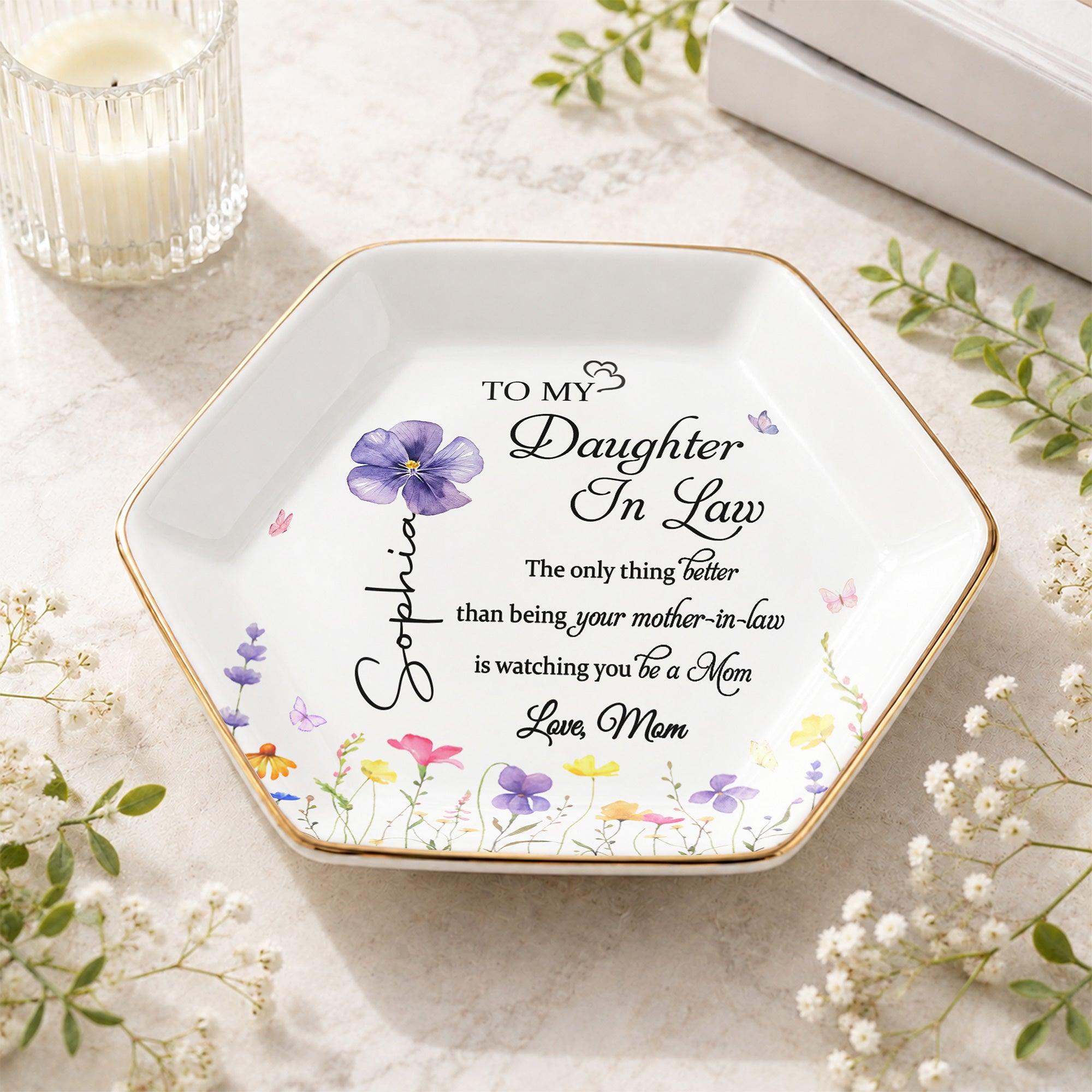 To My Daughter In Law Better Than Mother In Law Birth Month Flower - Personalized Custom Jewelry Dish, Ceramic Dish, Hexagonal Shape - DILA091_HECRD