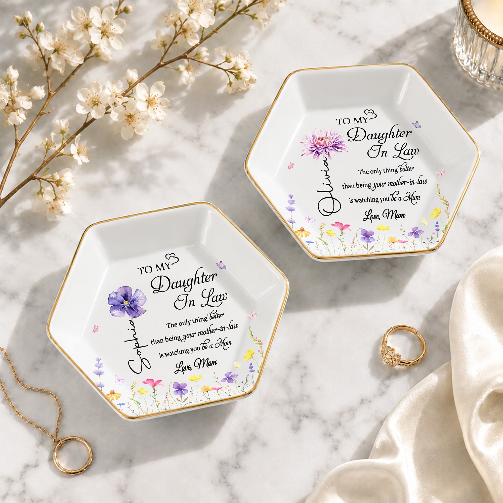 To My Daughter In Law Better Than Mother In Law Birth Month Flower - Personalized Custom Jewelry Dish, Ceramic Dish, Hexagonal Shape - DILA091_HECRD