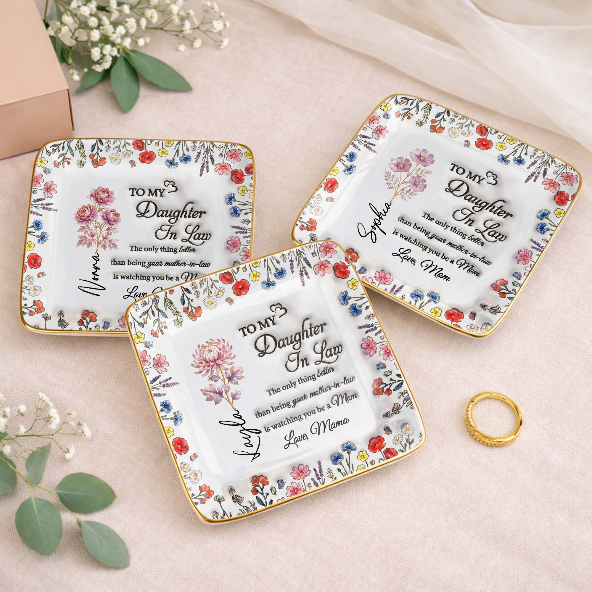 To My Daughter In Law Watching You A Mom With Wildflowers - Personalized Custom Jewelry Dish, Ceramic Dish, Square Shape - DILA091_SCRF